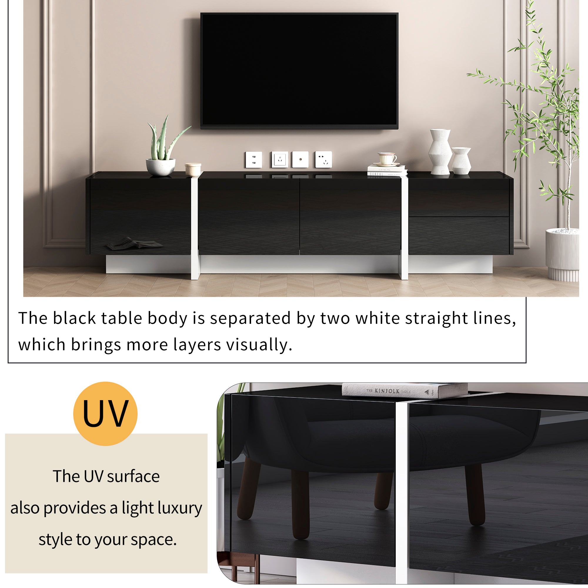 ON-TREND White & Black Contemporary Rectangle Design TV Stand, Unique Style TV Console Table for TVs Up to 80'', Modern TV Cabinet with High Gloss UV Surface for Living Room. - Abrihome