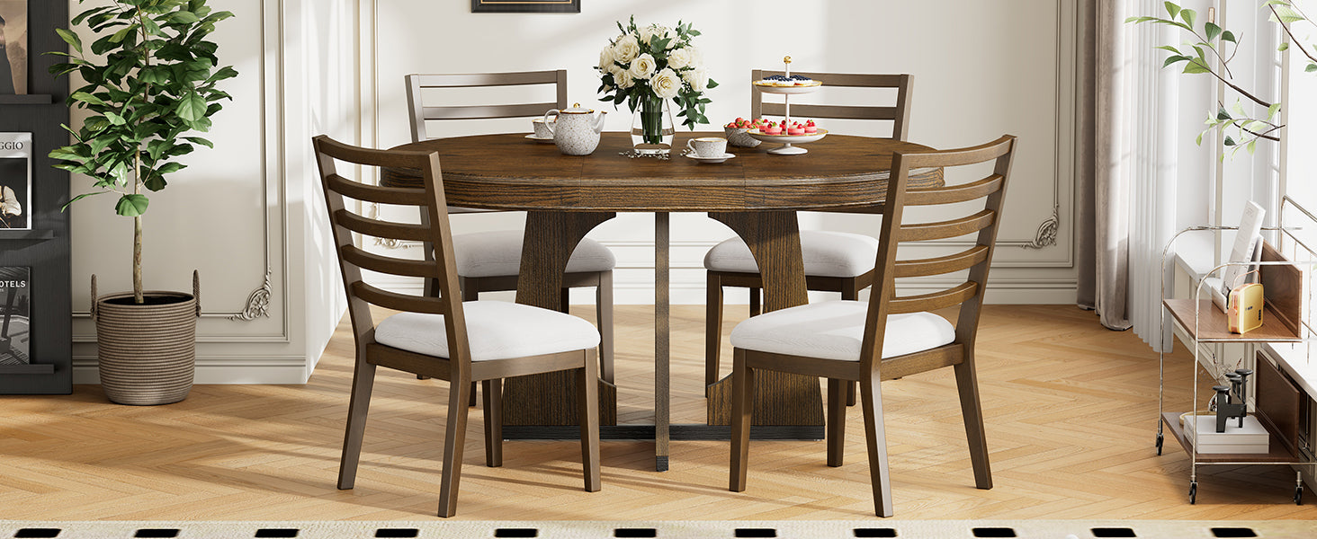 TREXM 5-Piece Retro Rustic Functional Dining Set Unique Geometric Design, 1 Extendable Table with a 16-inch Leaf and 4 Upholstered Chairs Ideal for Dining Room and Kitchen (Walnut)