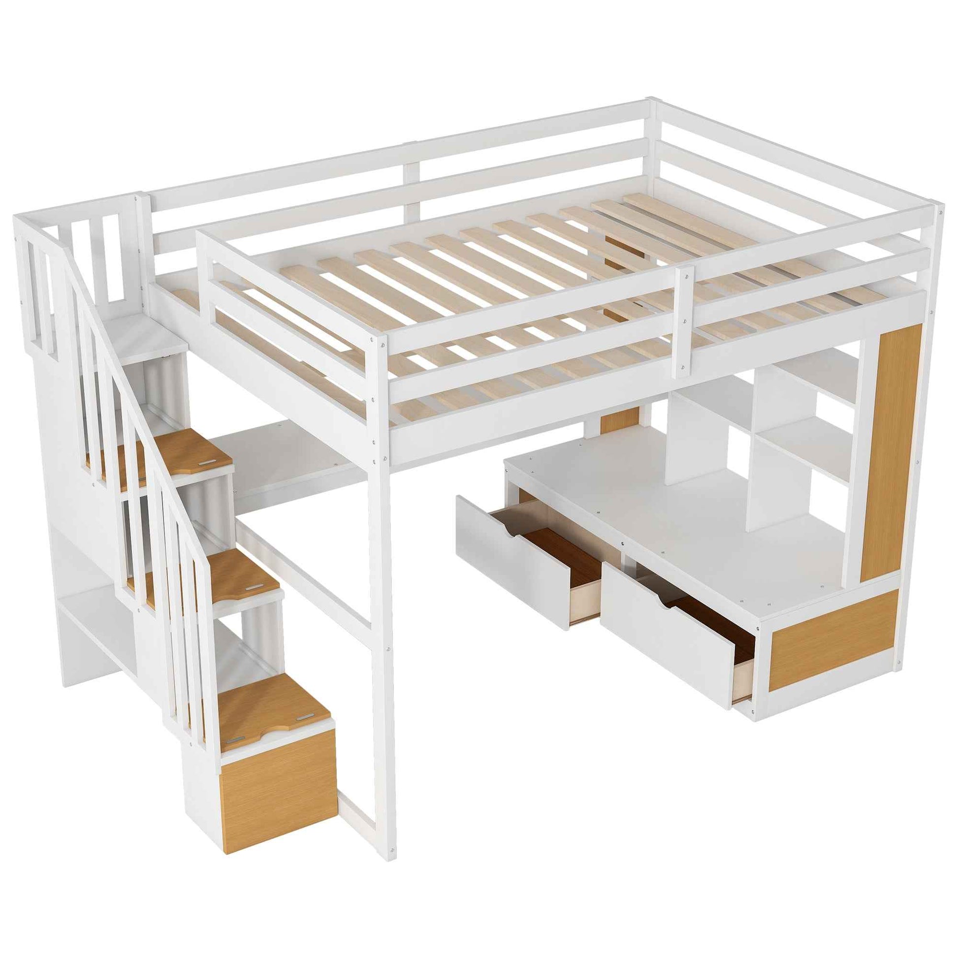 Full Size Loft Bed with Desk and Shelves, Two Built-in Drawers, Storage Staircase in White and Natural Finish, Solid Pine Wood and MDF Construction