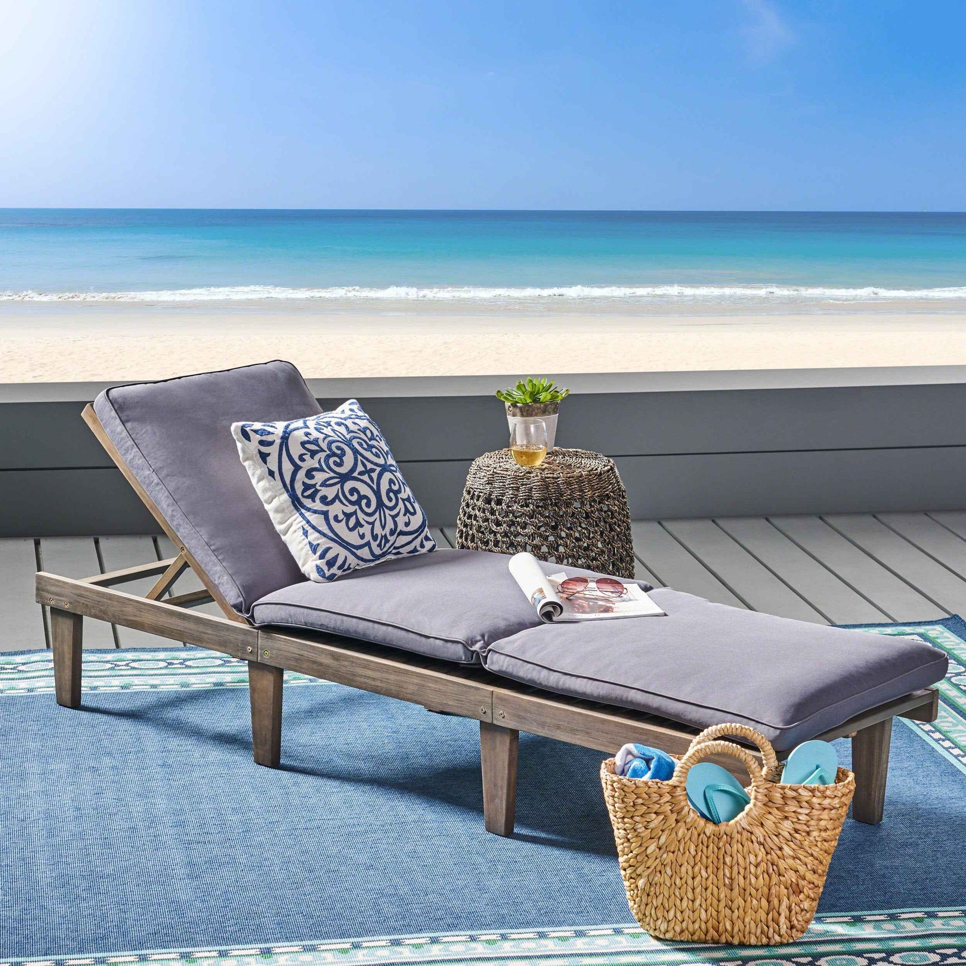 ARIANA KD Wooden Chaise Lounge with Cushion, Stylish Outdoor Relaxation, Grey Acacia Wood, 78.75 Inches