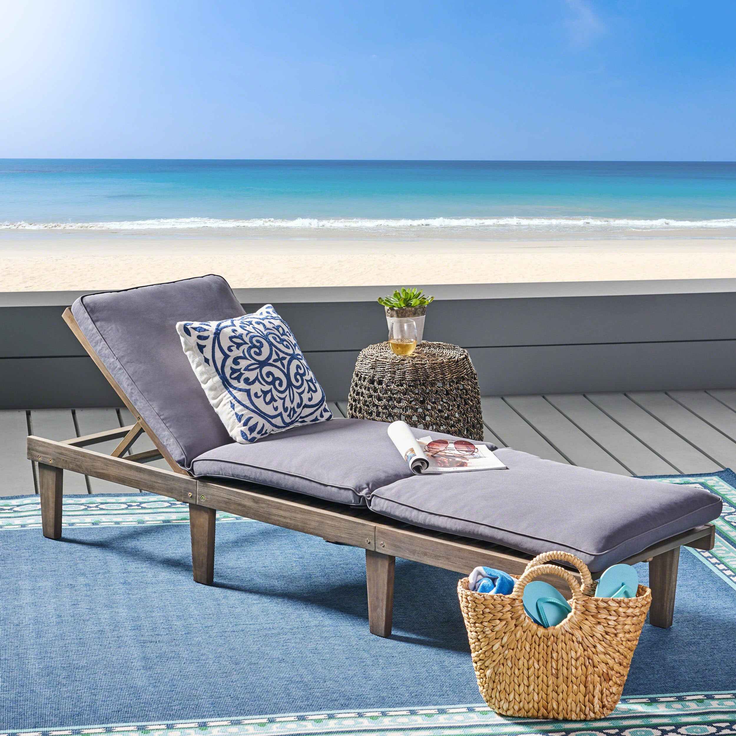 ARIANA KD Wooden Chaise Lounge with Cushion, Stylish Outdoor Relaxation, Grey Acacia Wood, 78.75 Inches