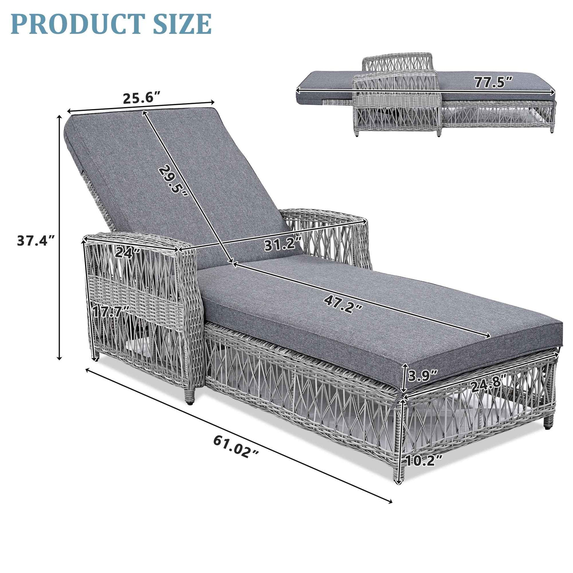 GO Outdoor Long Reclining Chaise, Wicker Lounge with Armrests, Patio Adjustable Recliner with Soft Removable Cushions, All Weather Rattan Pool Lounge for Poolside & Garden, Gray