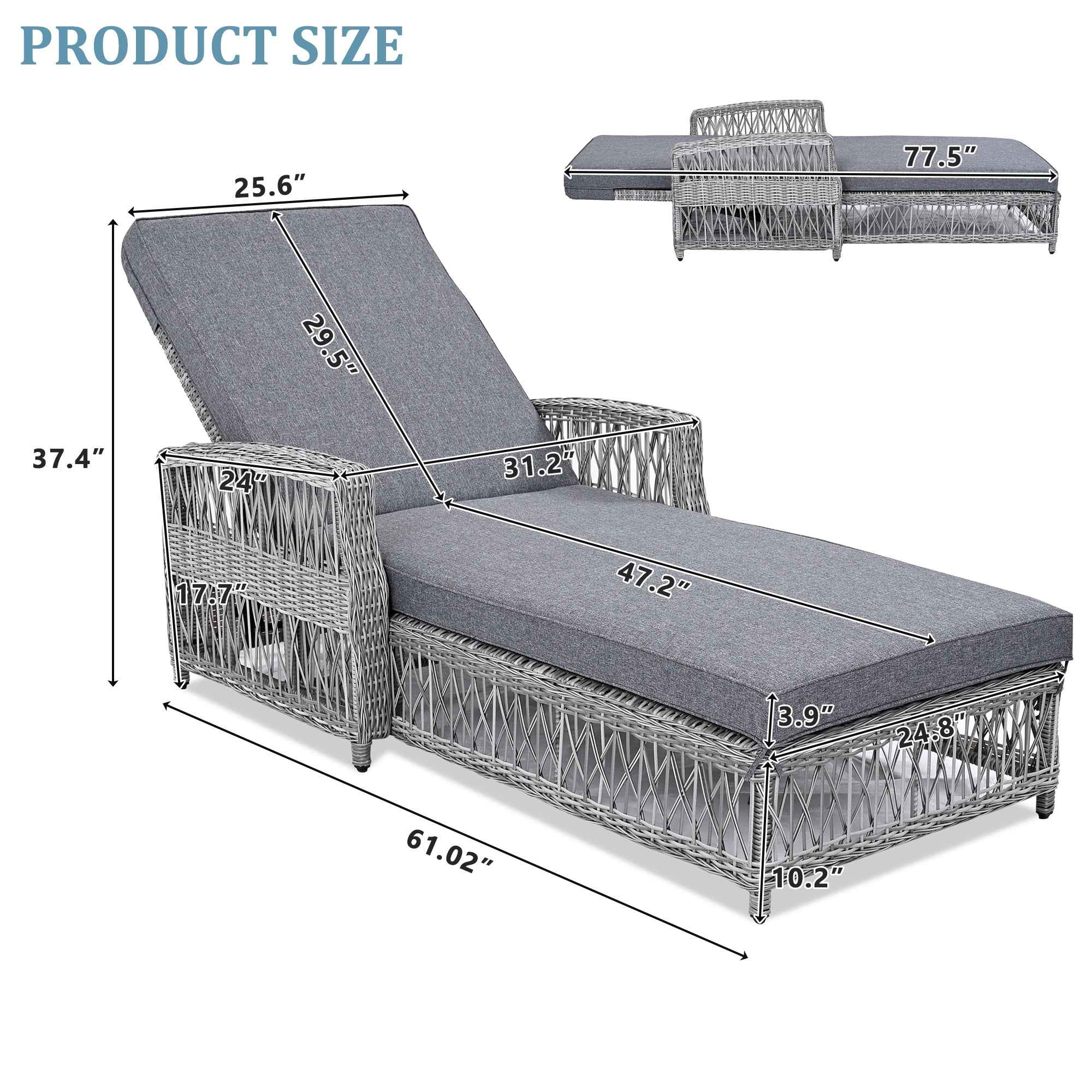 GO Outdoor Long Reclining Chaise, Wicker Lounge with Armrests, Patio Adjustable Recliner with Soft Removable Cushions, All Weather Rattan Pool Lounge for Poolside & Garden, Gray