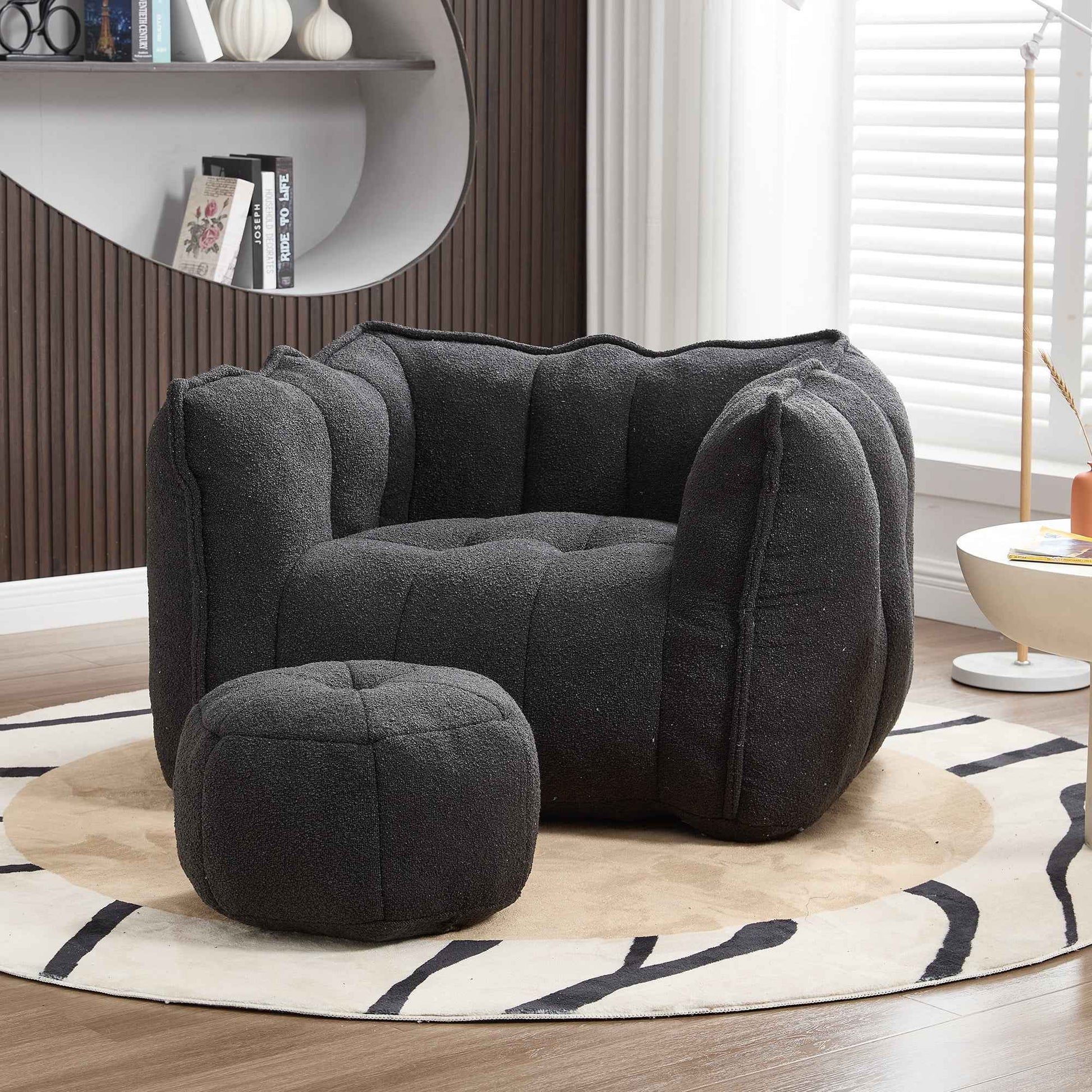 Soft Chenille Bean Bag Chair with High Resilient Foam for Living Room and Bedroom, Comfortable Square Lazy Sofa with Footstool for Adults