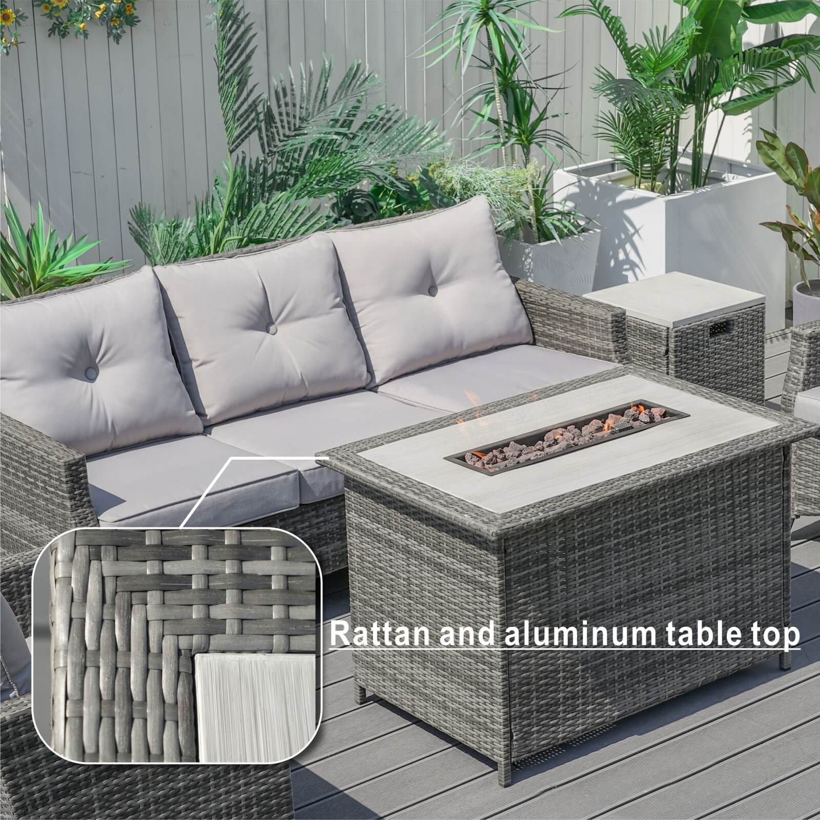 5-Piece Outdoor Fire Pit Patio Set with Gray Sofas and Fire Pit Table(PAF-1802P) - Abrihome