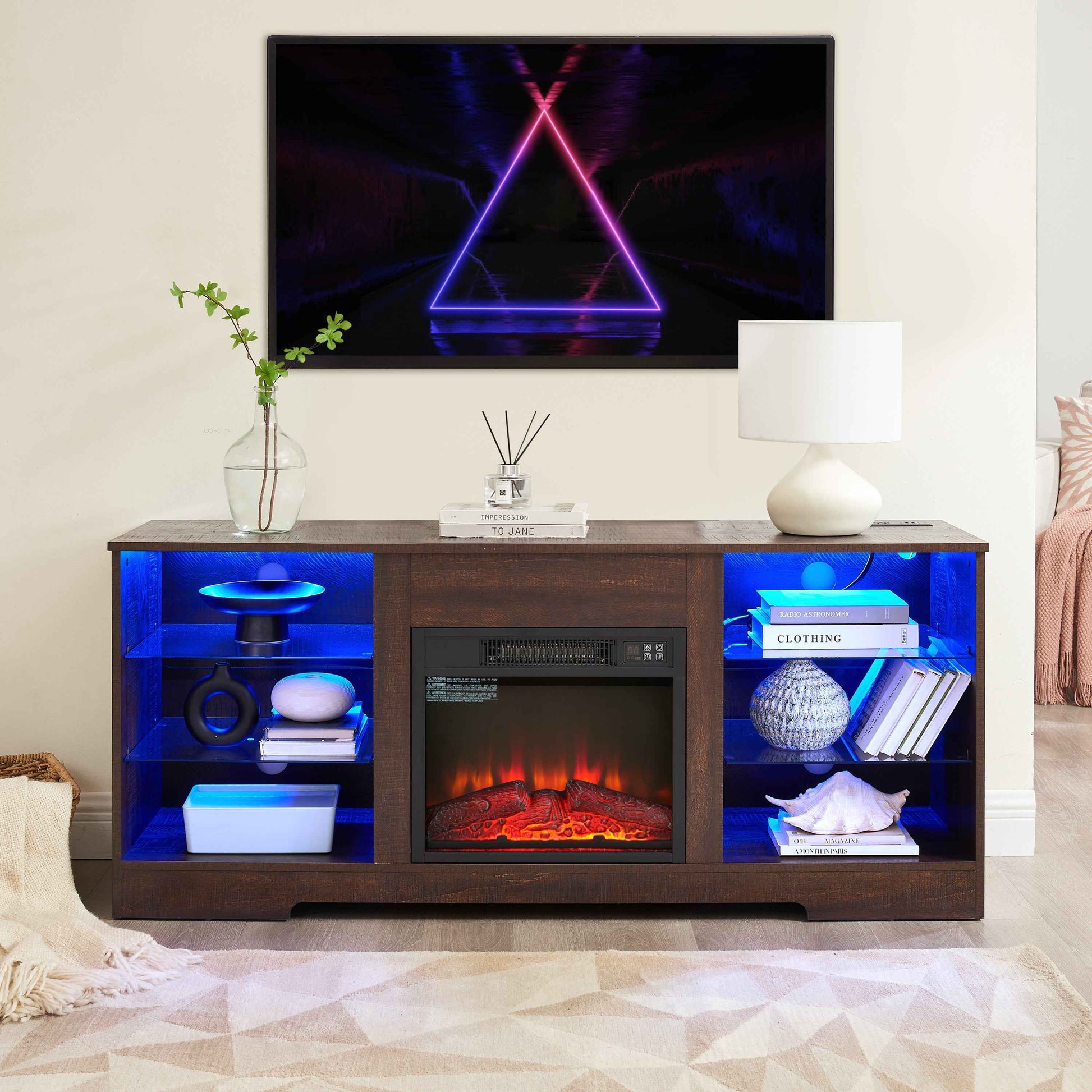 TV Stand Electric Fireplace TV Stand with Glass Shelves, 3D Fireplace TV Stand with LED Lights Wood with USB Charging Outlet Modern Television Table Center for TV up to 32-62' ESP 58''W*15.4''D*24.6