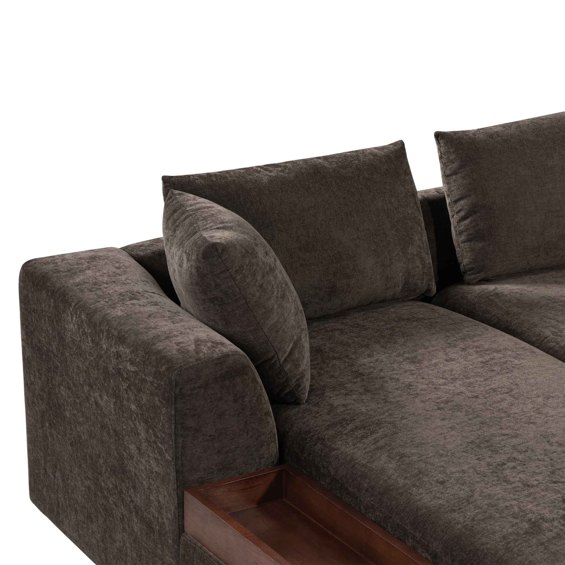 Elegant L-Shaped Sectional Sofa with Chenille Upholstery and Wooden Storage Compartment, Brown