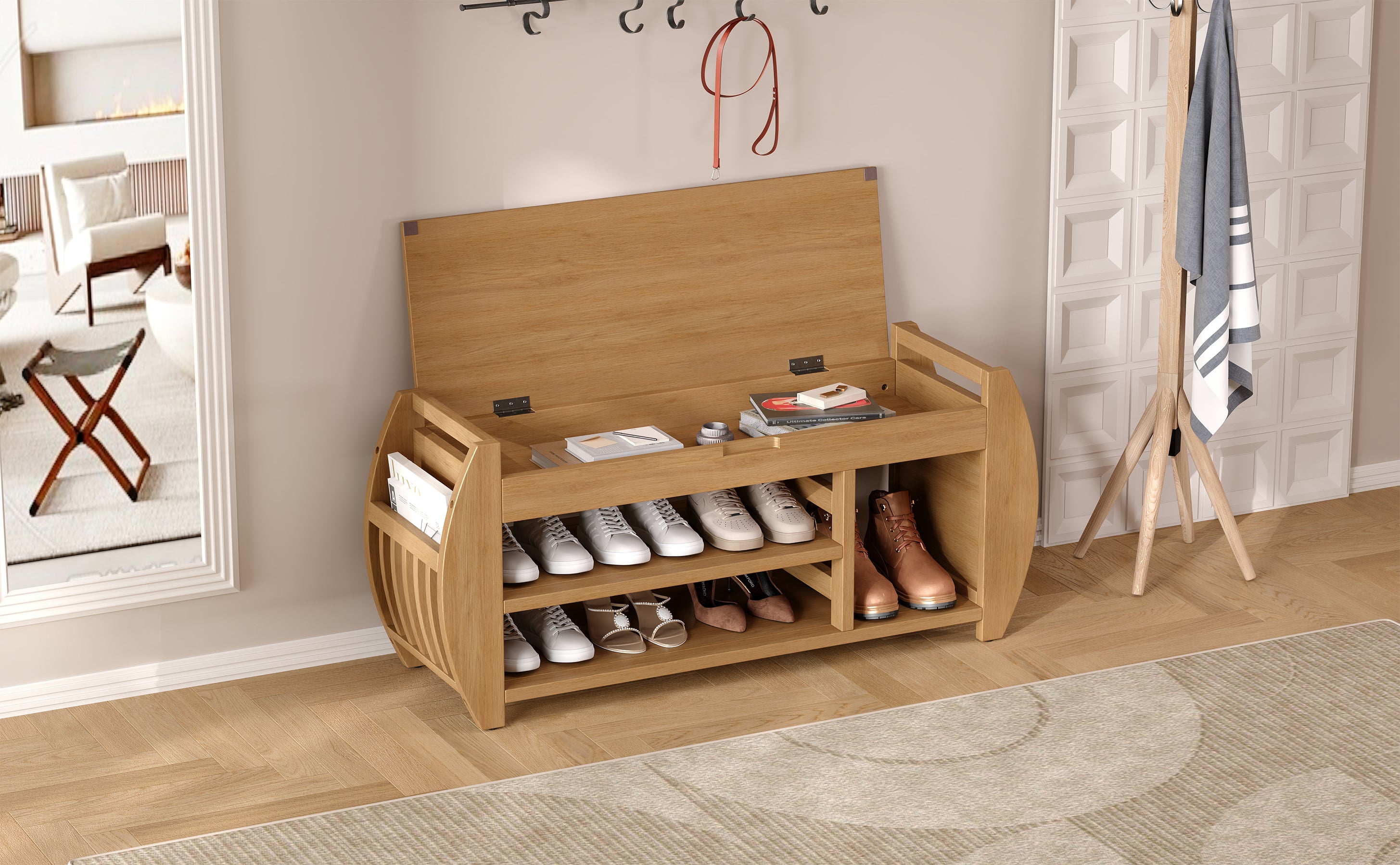 TREXM Retro Multifunctional Storage Bench with Cushion and Curved Side Panel for Entrance and Living Room (Natural)