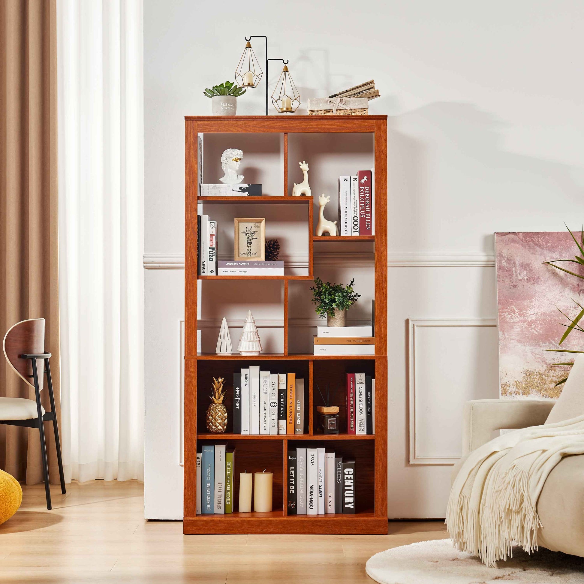 Free Combination Wood Open Bookshelf, Multi Space Display Storage Cabinet, Easy to Assemble Freestanding Bookcase with Anti-Tip Straps, Classified Storage Organizer for Living Room Bedroom Home Office