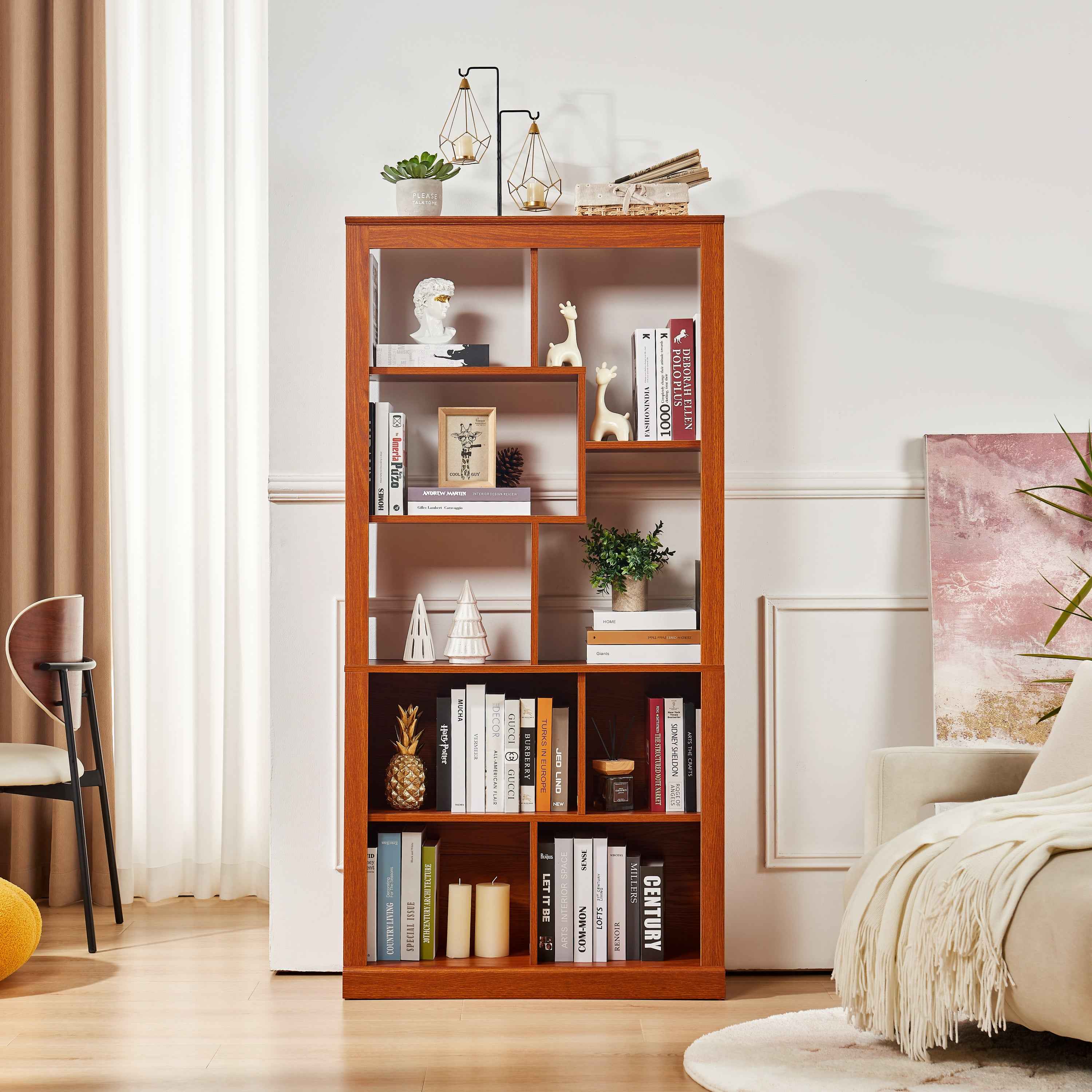 Free Combination Wood Open Bookshelf, Multi Space Display Storage Cabinet, Easy to Assemble Freestanding Bookcase with Anti-Tip Straps, Classified Storage Organizer for Living Room Bedroom Home Office