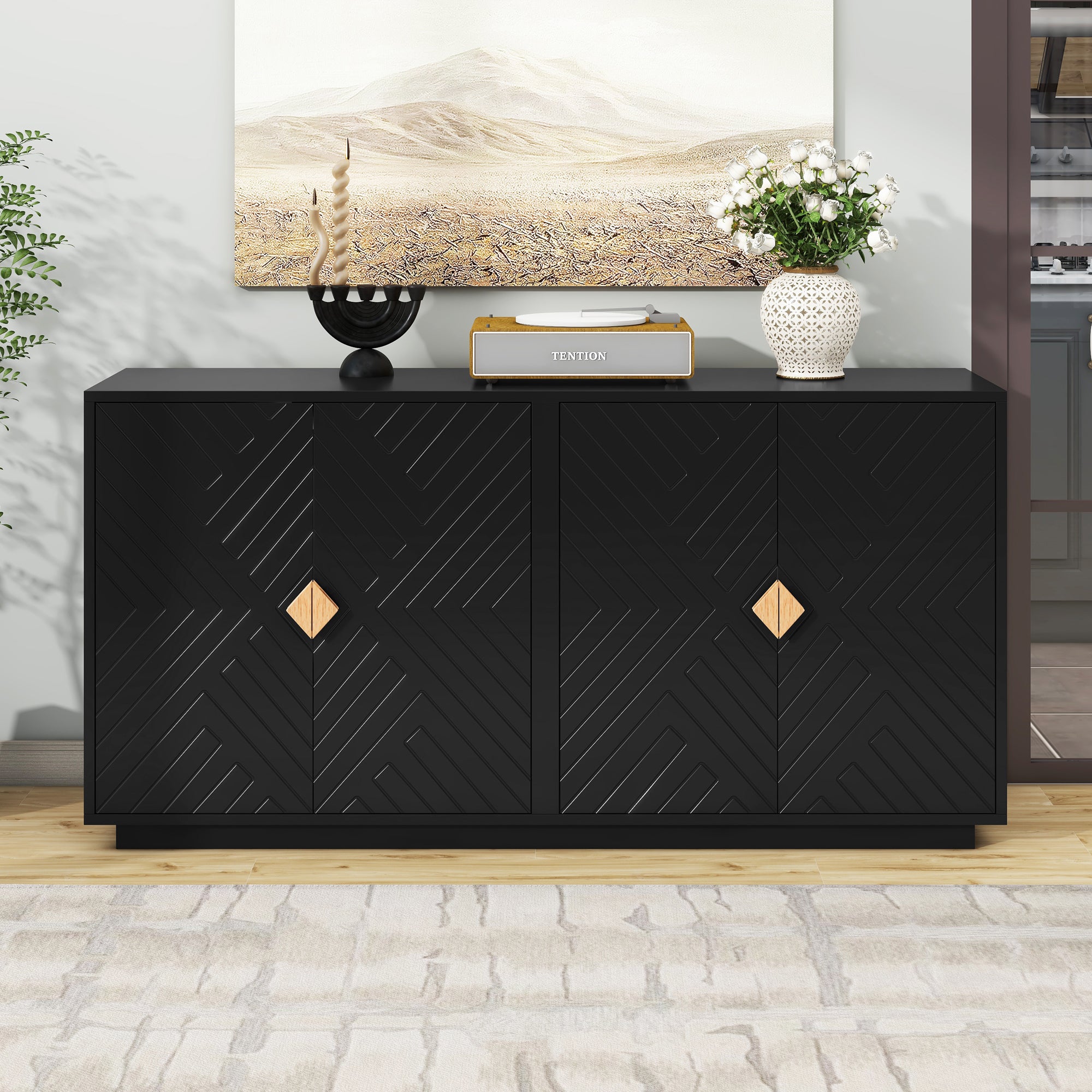 TREXM Modern Functional Large Storage Space Sideboard with Wooden Triangular Handles and Adjustable Shelves for Living Room and Dining Room (Black)