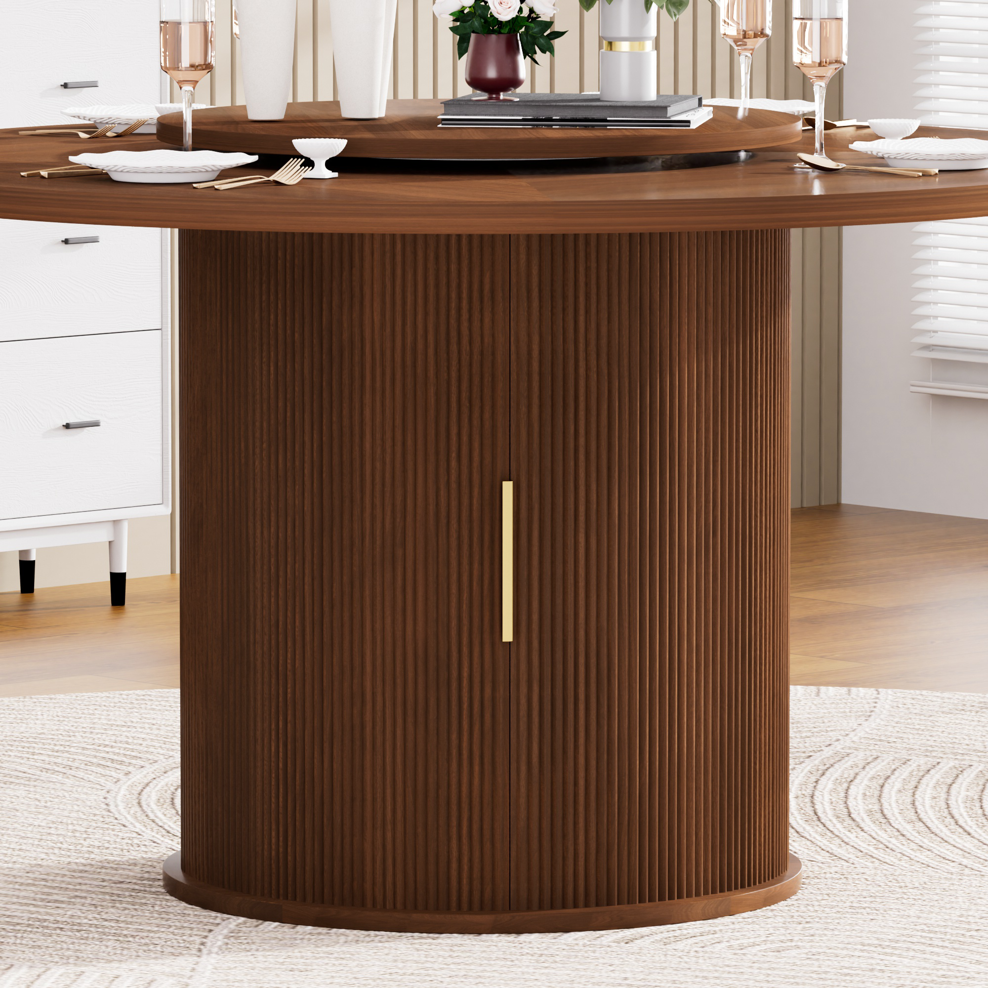 55-inch round dining table for six, featuring a double-tiered storage rack and a rotating tabletop tray. Wooden wavy-striped sliding doors. Ideal for home dining room living room (Walnut).