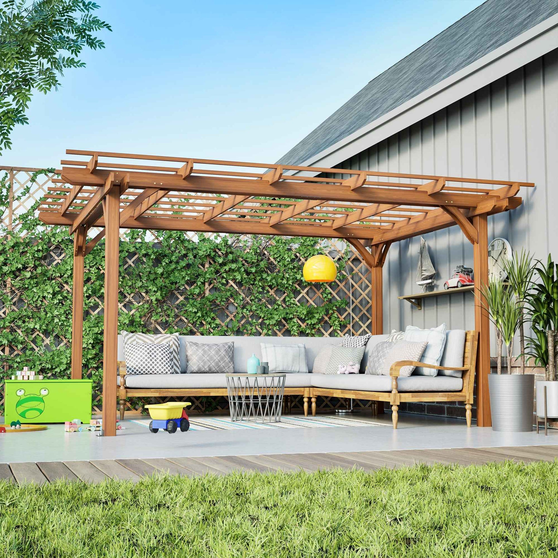 12 x 10 FT Outdoor Wood Pergola, Wooden Grape Pergola for Climbing Plant Support for Garden, Patio, Backyard, Deck, Brown