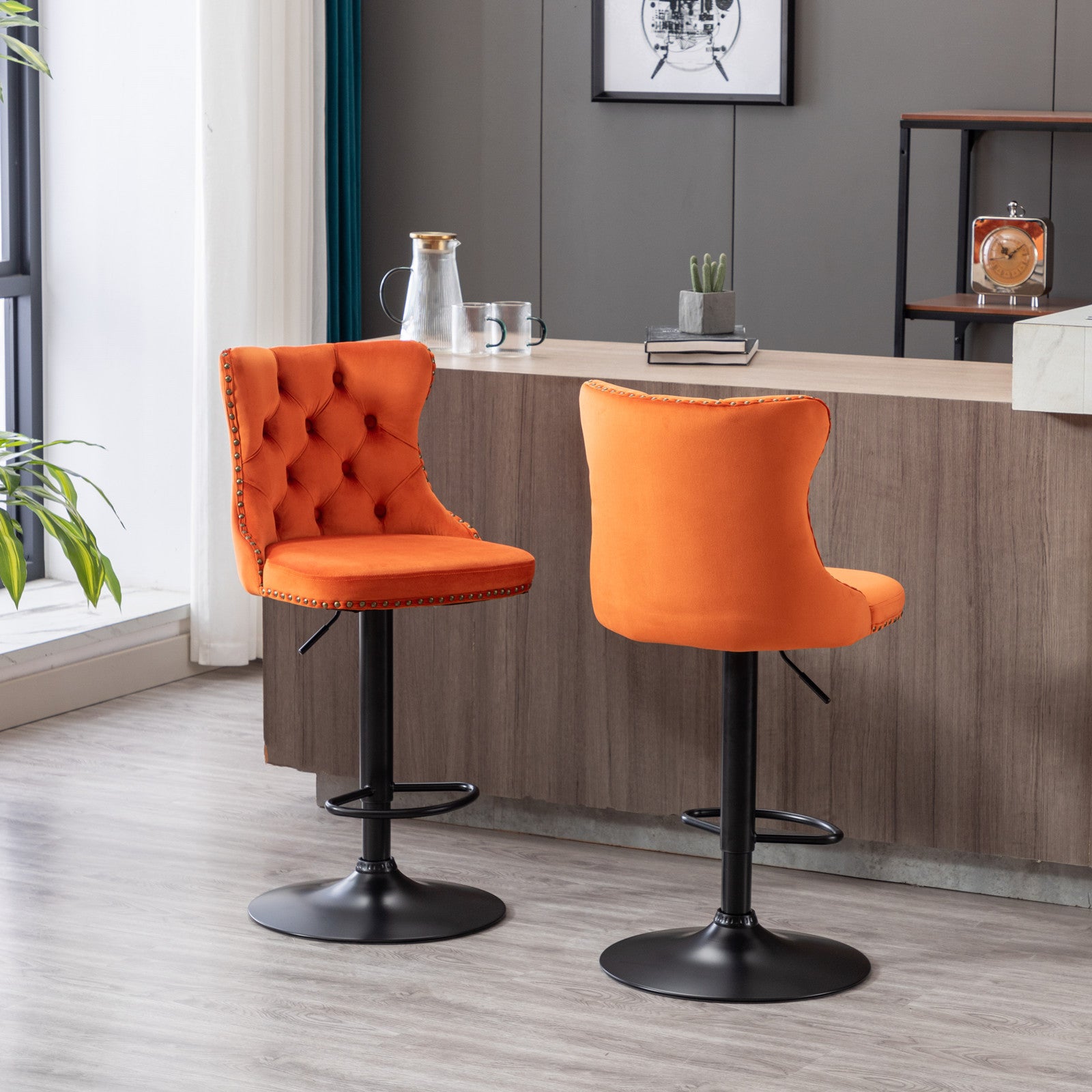 A&A Furniture,Swivel Velvet Barstools Adjusatble Seat Height from 25-33 Inch,17.7inch base, Modern Upholstered Bar Stools with Backs Comfortable Tufted for Home Pub and Kitchen Island,Orange,Set of 2