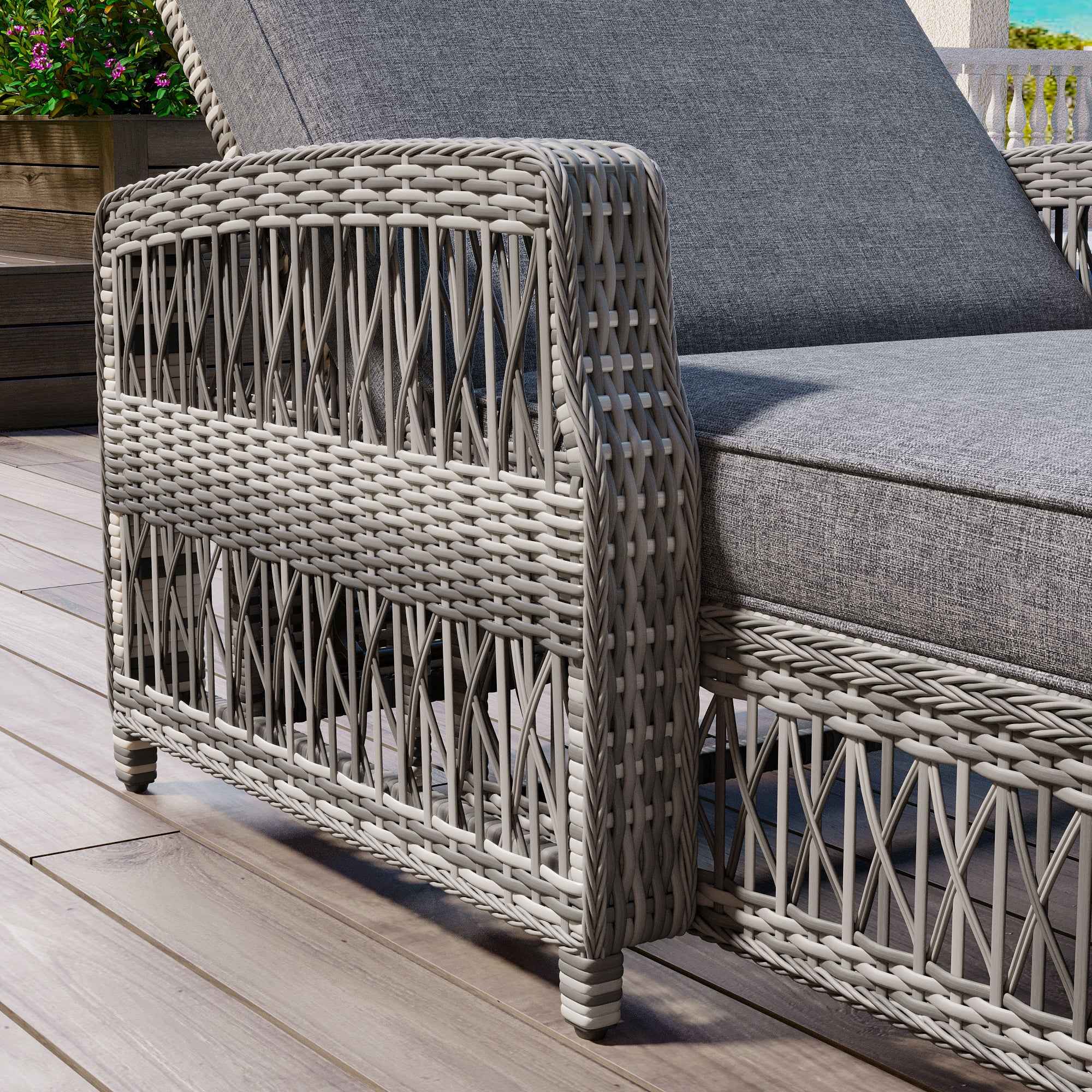GO Outdoor Long Reclining Chaise, Wicker Lounge with Armrests, Patio Adjustable Recliner with Soft Removable Cushions, All Weather Rattan Pool Lounge for Poolside & Garden, Gray