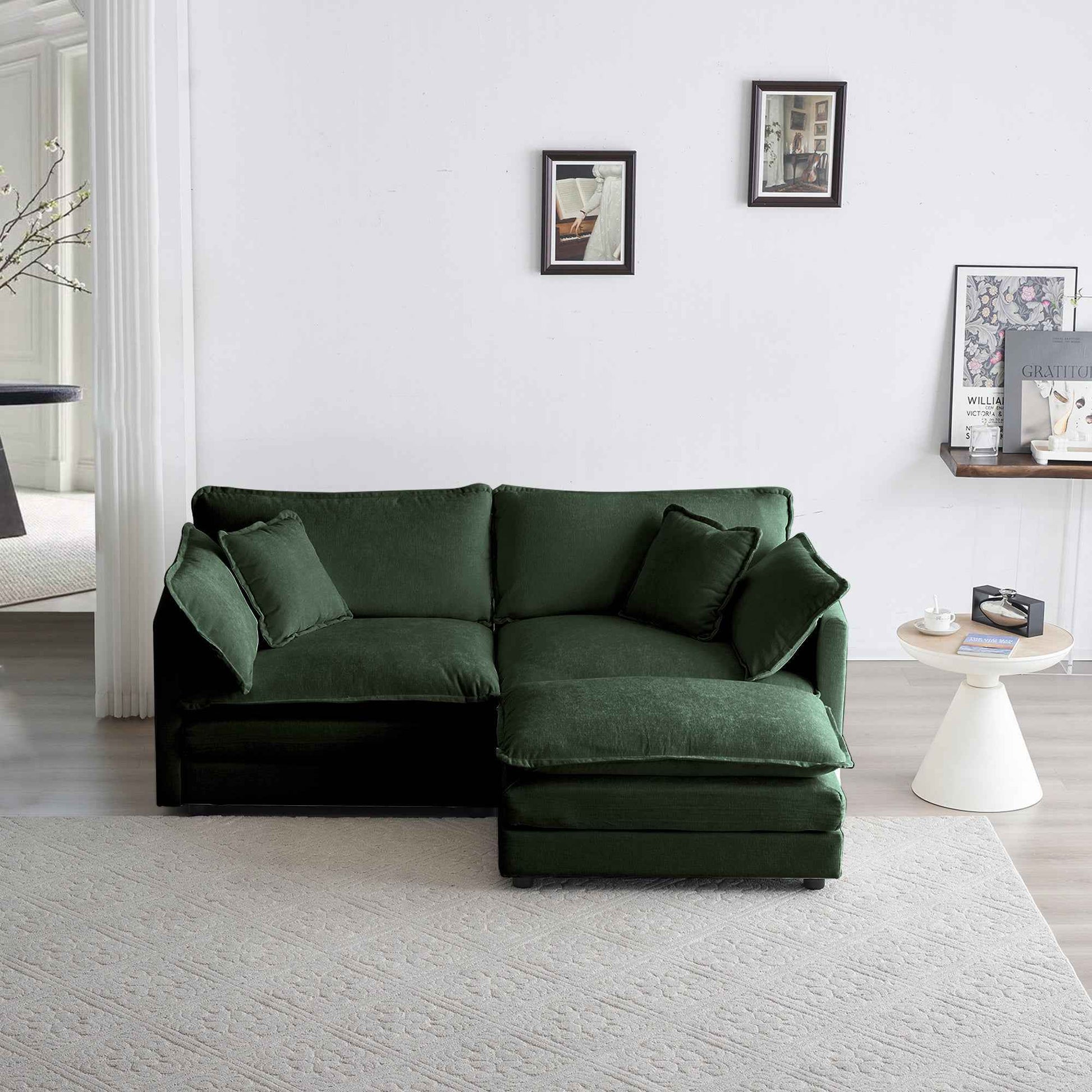 Chenille Two-Seater Sofa with 1 Footrest, 2 Seater L-Shaped Sectional with Ottoman,Loveseat with Ottoman for Small Living Space, Green Chenille