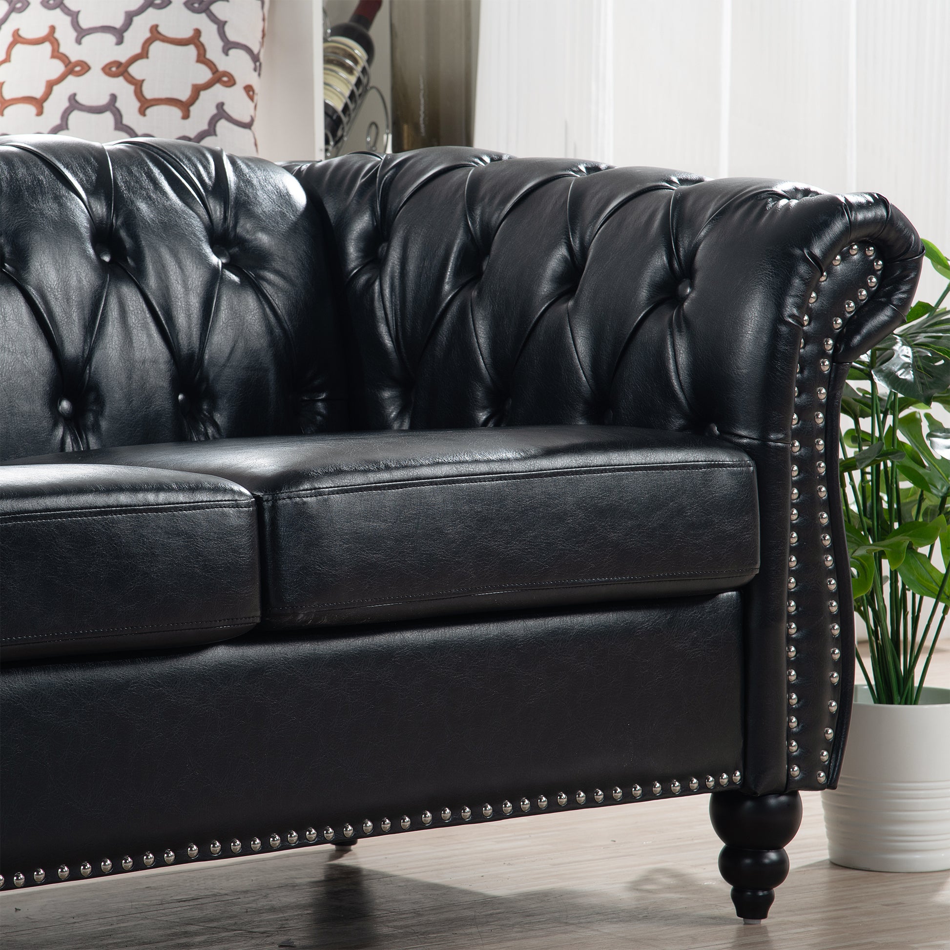 84.65" BLACK PU Rolled Arm Chesterfield Three Seater Sofa. - Abrihome