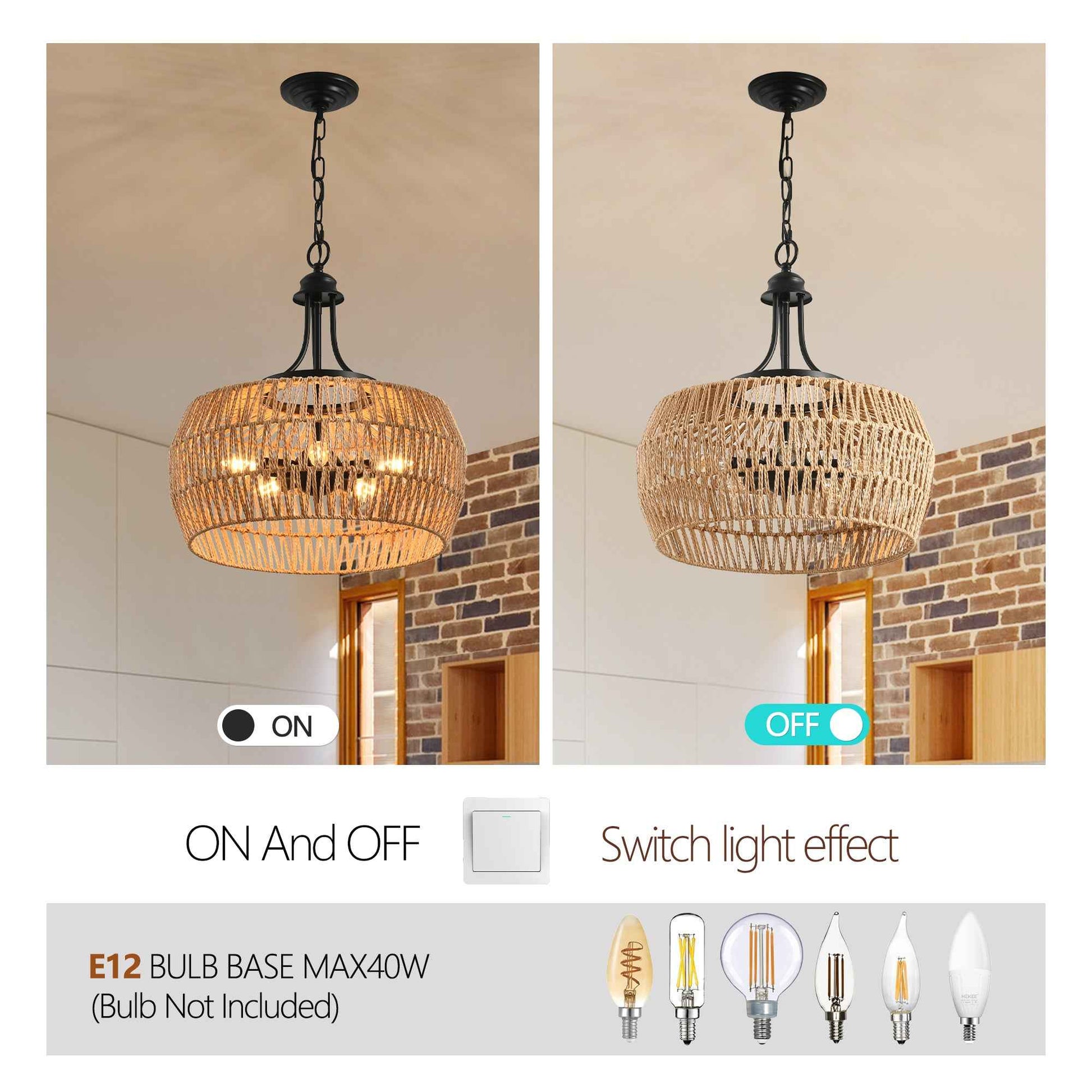 19' Boho Hemp Rope Pendant Light, Hand-Woven Jute Hanging Lamp with Adjustable Chain, Natural Rope Shade Ceiling Light Fixture for Kitchen Island, Dining Room, or Entryway (Bulb Not Included)