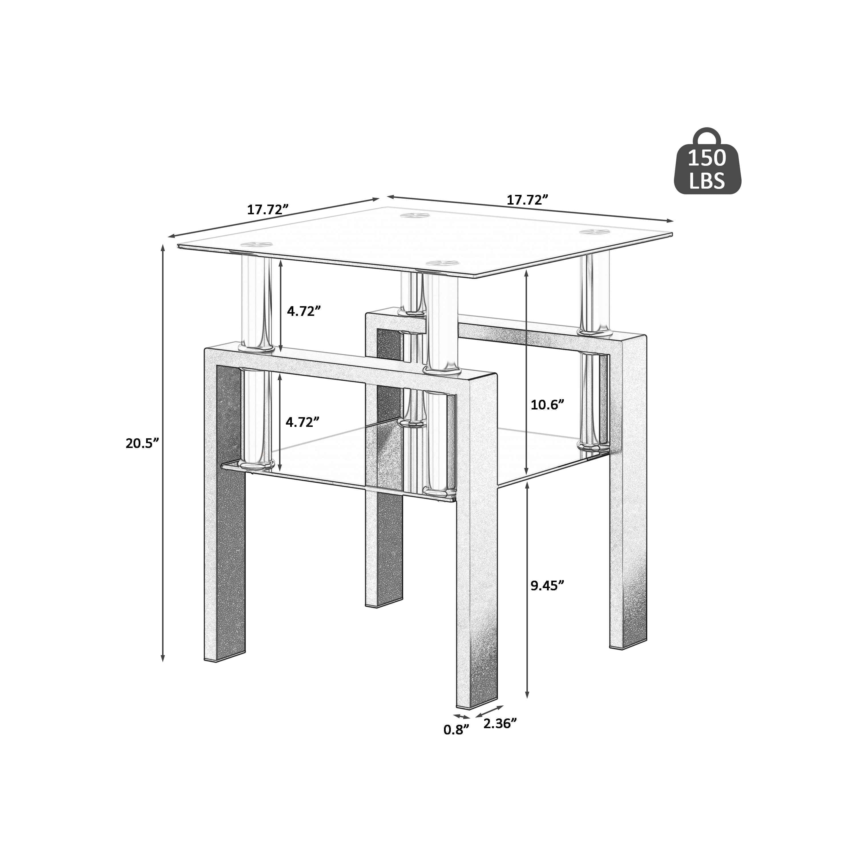 Modern Tempered Glass Tea Table Coffee Table End Table Set in Black with Metal Legs, 17.72 x 17.72 x 20.5 Inches