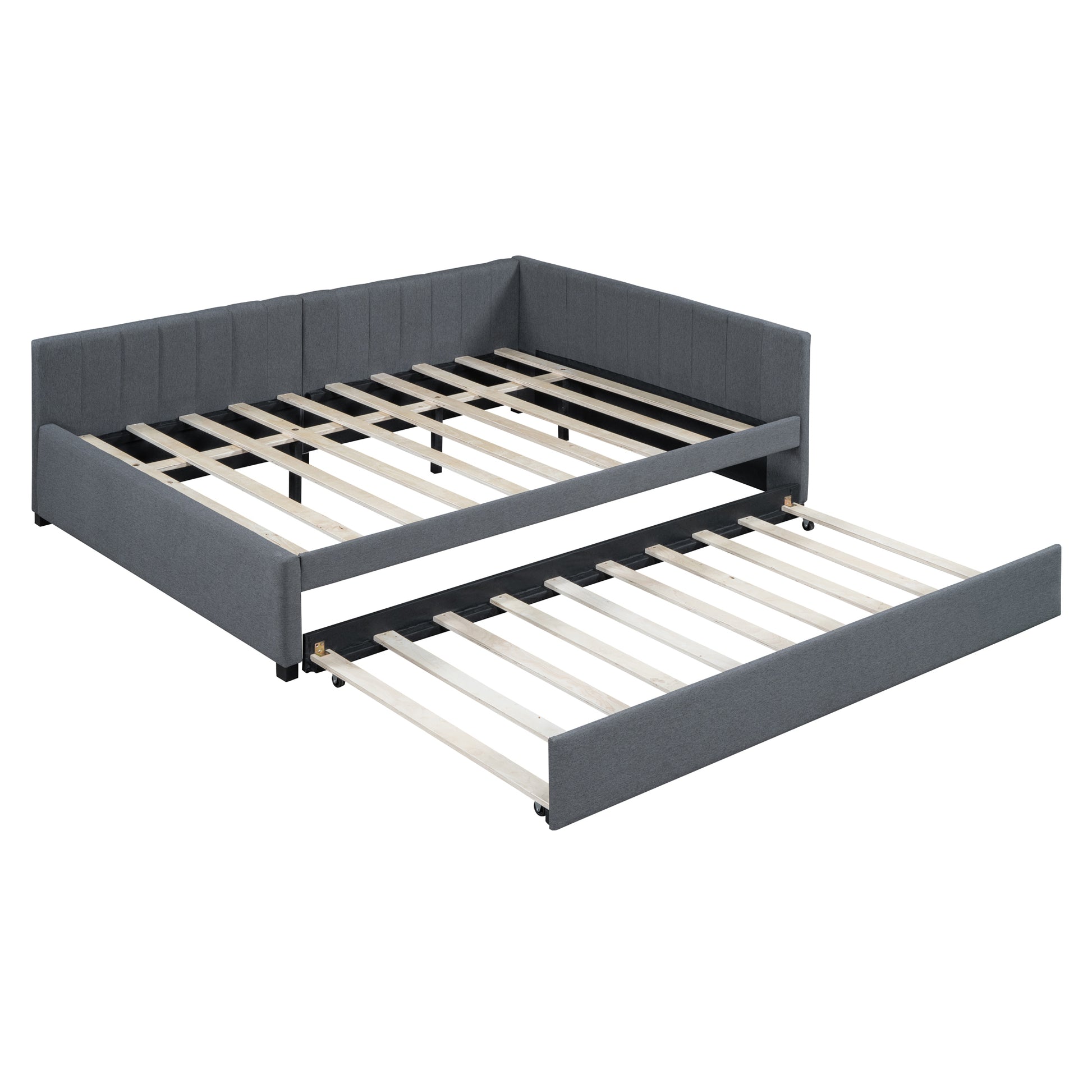 Full Size Upholstered Daybed with Trundle Sofa Bed Frame No Box Spring Needed, Linen Fabric(Gray) - Abrihome