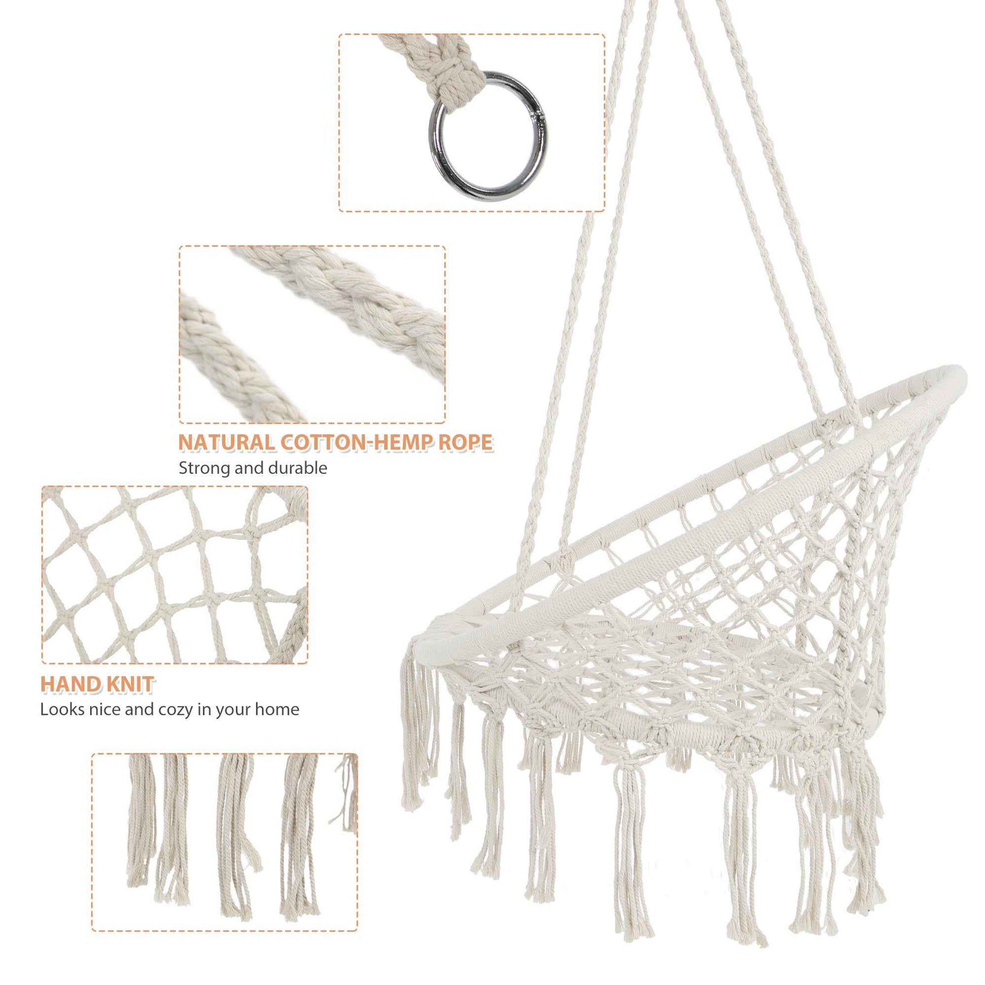 Macrame Hanging Hammock Chair, Cotton Rope Swing for Indoor and Outdoor Use, 330 lbs Capacity