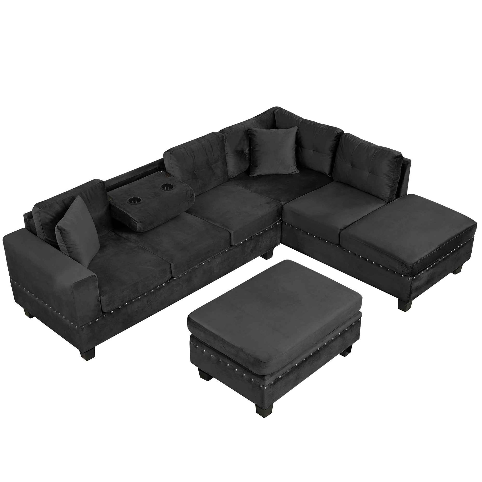 Modern Sectional Sofa with Storage Ottoman, L-Shape Couch with 2 Pillows and Cup Holders, Black Velvet, 105'