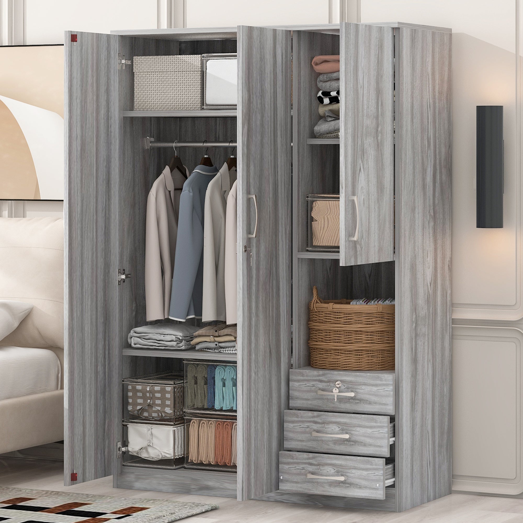 2-Doors Wooden Wardrobe Storage for Bedroom, with Shelves and 3 Drawers, Gray