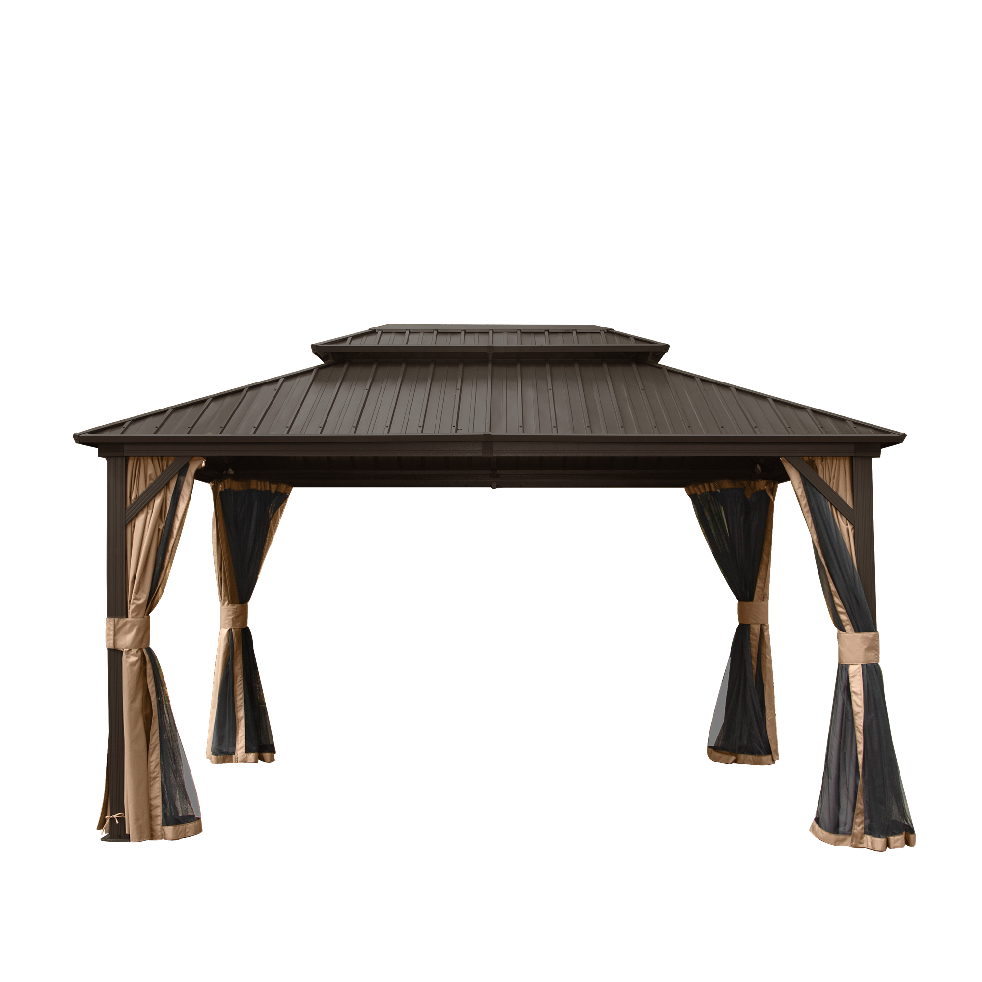 10' x 12' Hardtop Gazebo Permanent Metal Gazebo with Galvanized Steel Double Roof, Curtains and Netting for Party, Wedding, Outdoor Dining, Patio, Backyard, Brown