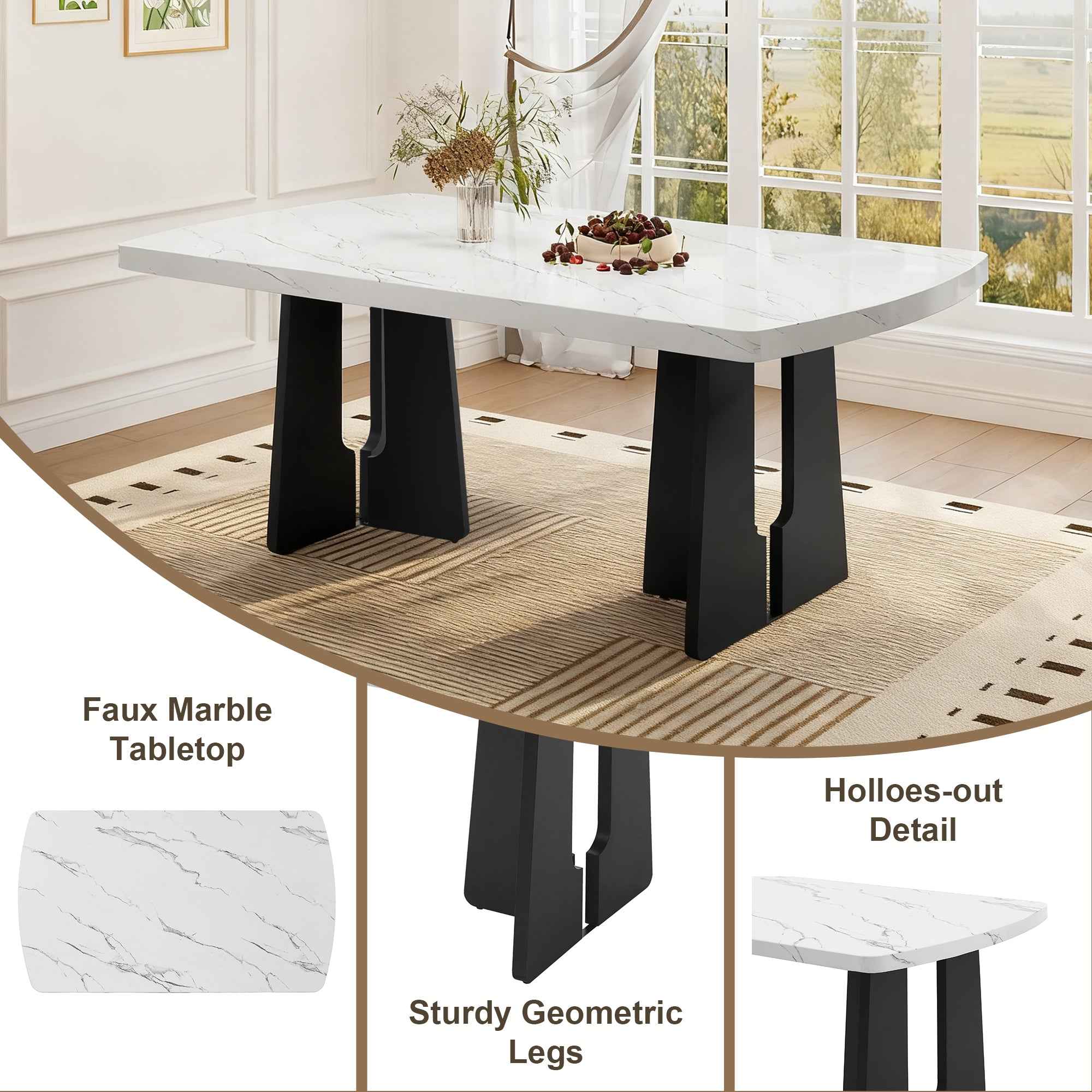 63' Modern Faux Marble Dining Table - Black/White Marble Top with Sturdy Geometric Legs, Stylish Kitchen & Dining Room Table for Home, Apartment, Office, Easy to Assemble, White+Black