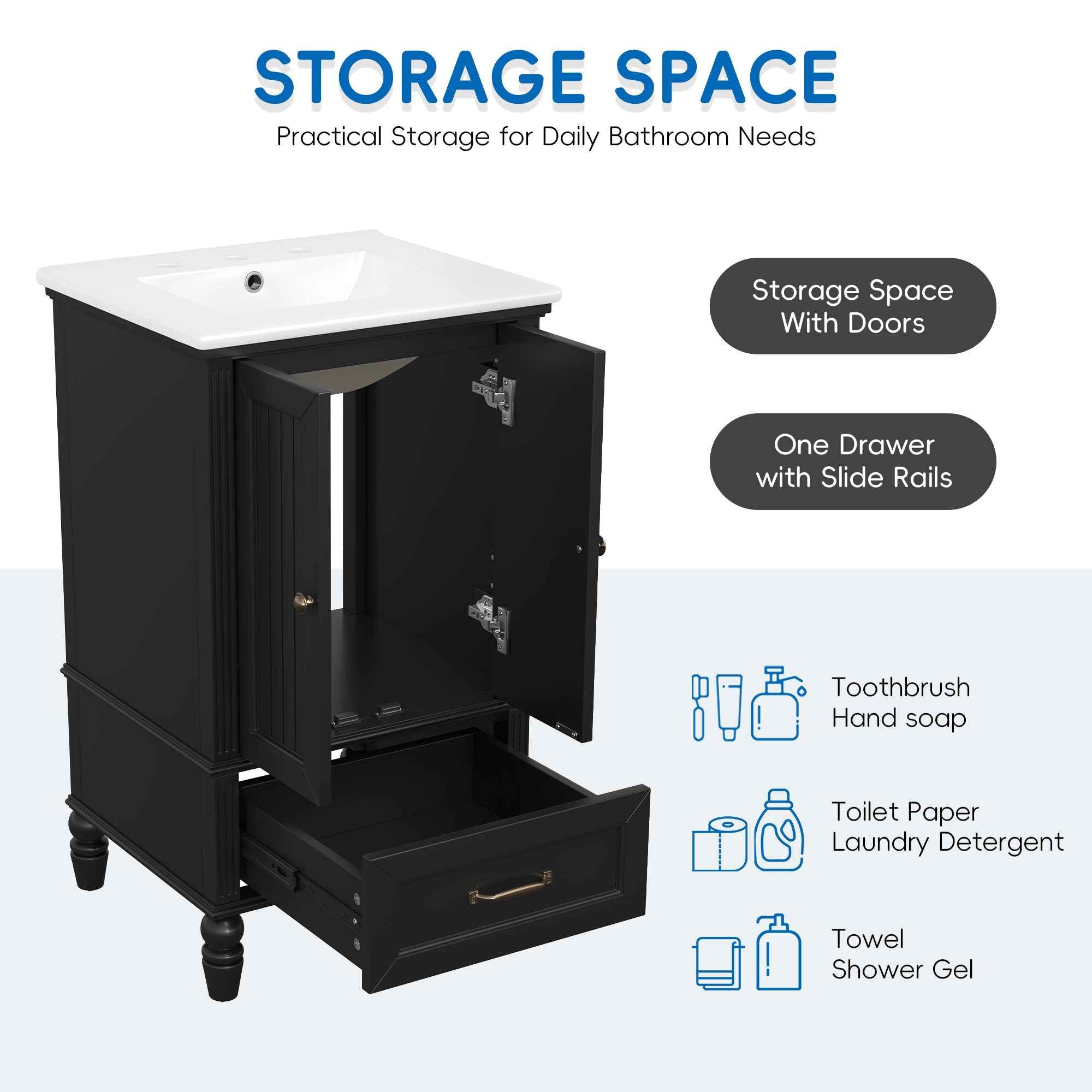 20' Bathroom Vanity with Sink, Bathroom Cabinet with Two Doors, Magnetic Door Stopper and  Adiustable Foot Pads, A Drawer, Black