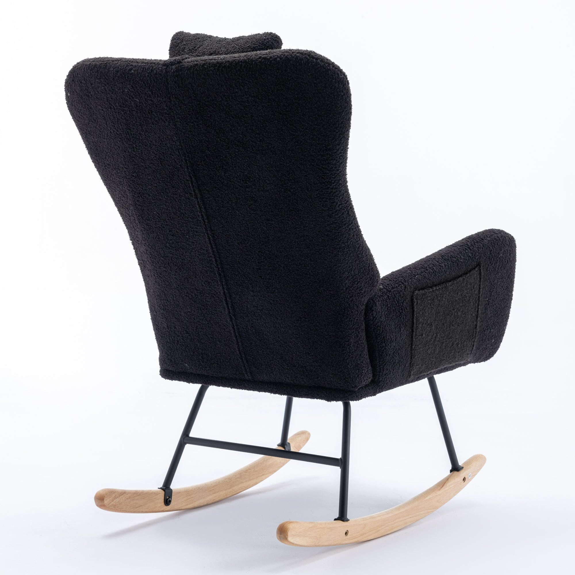 35.5 inch Rocking Chair with Pocket, Soft Teddy Fabric Rocking Chair for Nursery, Comfy Wingback Glider Rocker with Safe Solid Wood Base for Living Room Bedroom Balcony (black)