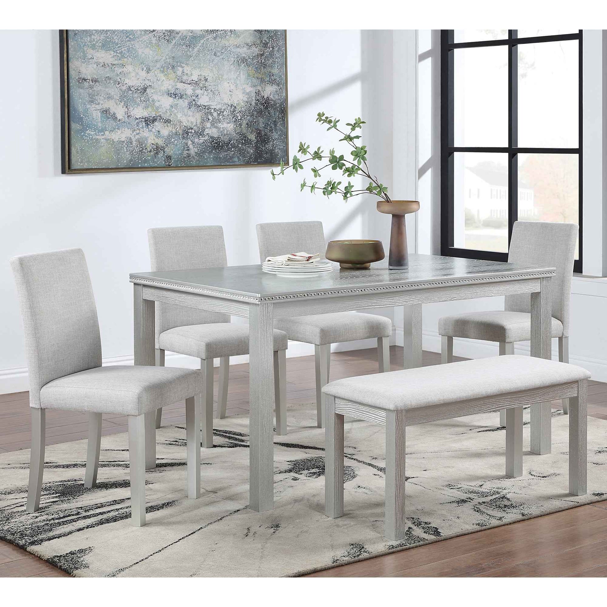 6 Piece Wooden Dining Table Set, Wooden Dining Table with 4 Upholstered Chairs and Bench for 6 People, Rectangular Dining Table Set with Crystal Decoration for Kitchen, Dining Room, Silver grey