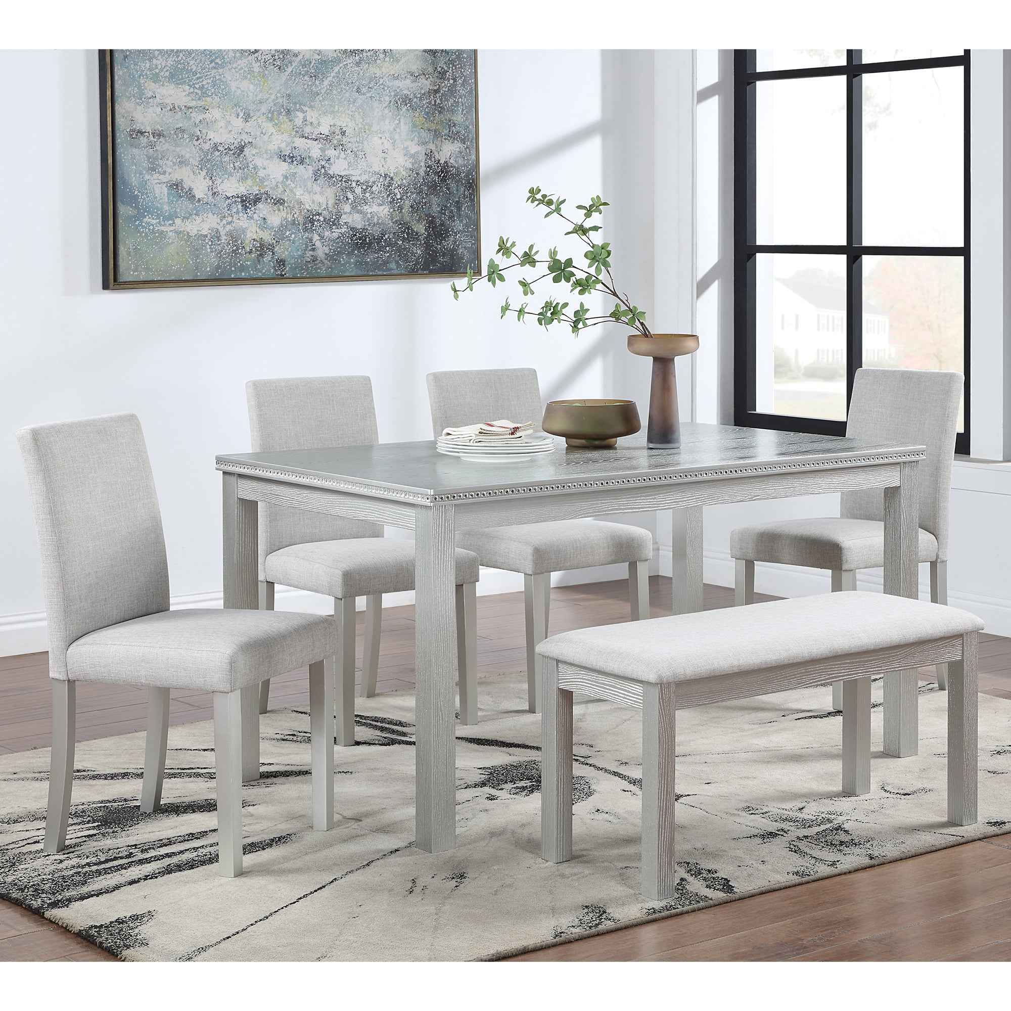 6 Piece Wooden Dining Table Set, Wooden Dining Table with 4 Upholstered Chairs and Bench for 6 People, Rectangular Dining Table Set with Crystal Decoration for Kitchen, Dining Room, Silver grey