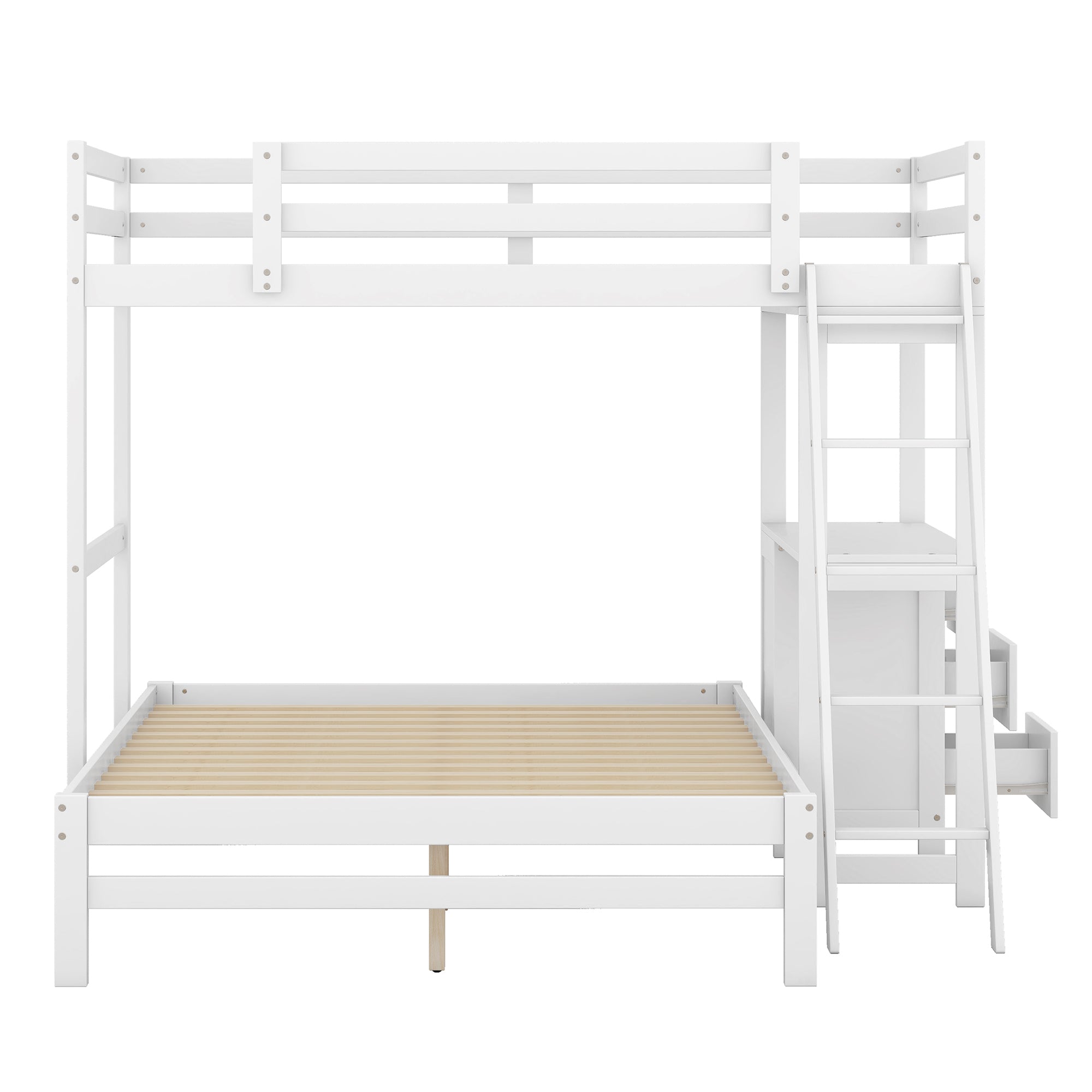 Twin over Full Bunk Bed with Built-in Desk and Three Drawers,White