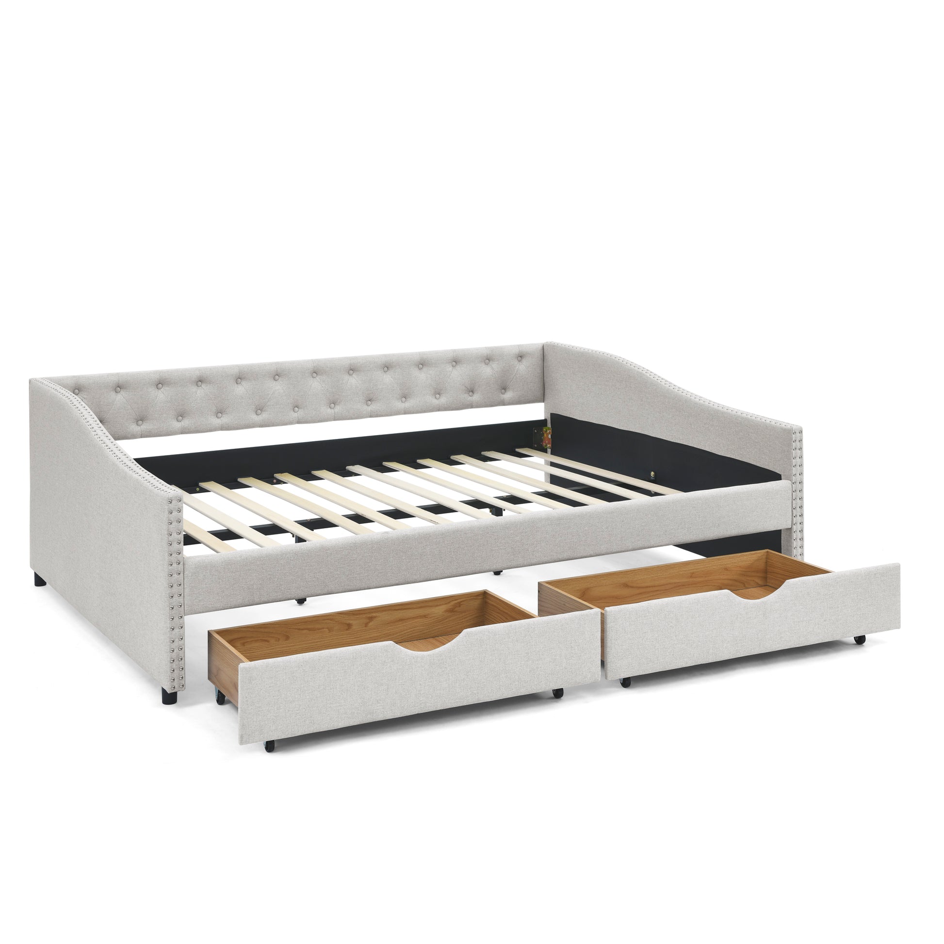 Queen Size Daybed with Drawers Upholstered Tufted Sofa Bed,,with Button on Back and Copper Nail on Waved Shape Arms, Beige (84.5'x63.5'x26.5') - Abrihome