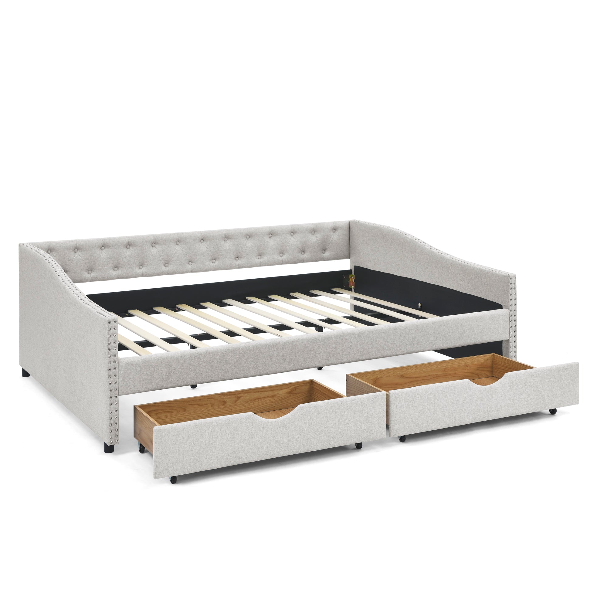 Queen Size Daybed with Drawers Upholstered Tufted Sofa Bed,,with Button on Back and Copper Nail on Waved Shape Arms, Beige (84.5'x63.5'x26.5') - Abrihome