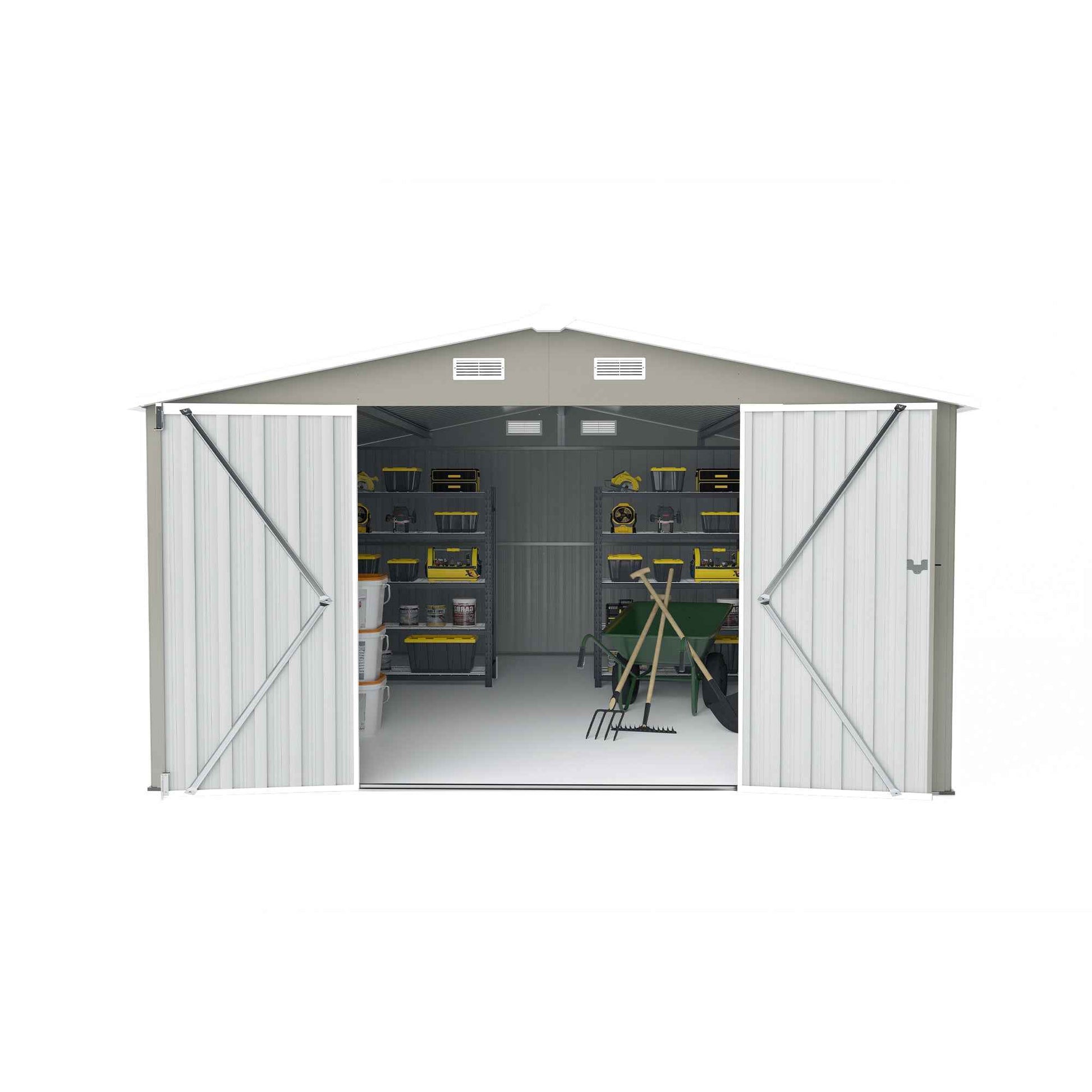 Campcraft  Outdoor Storage Shed 10×14 FT with 3 Lockable Doors,4 Air Vents & Sloped Roof,Utility Tool Shed Metal Storage Garden Sheds  Frame and 4 Vents,for Backyard,Patio,Lawn,Light Grey