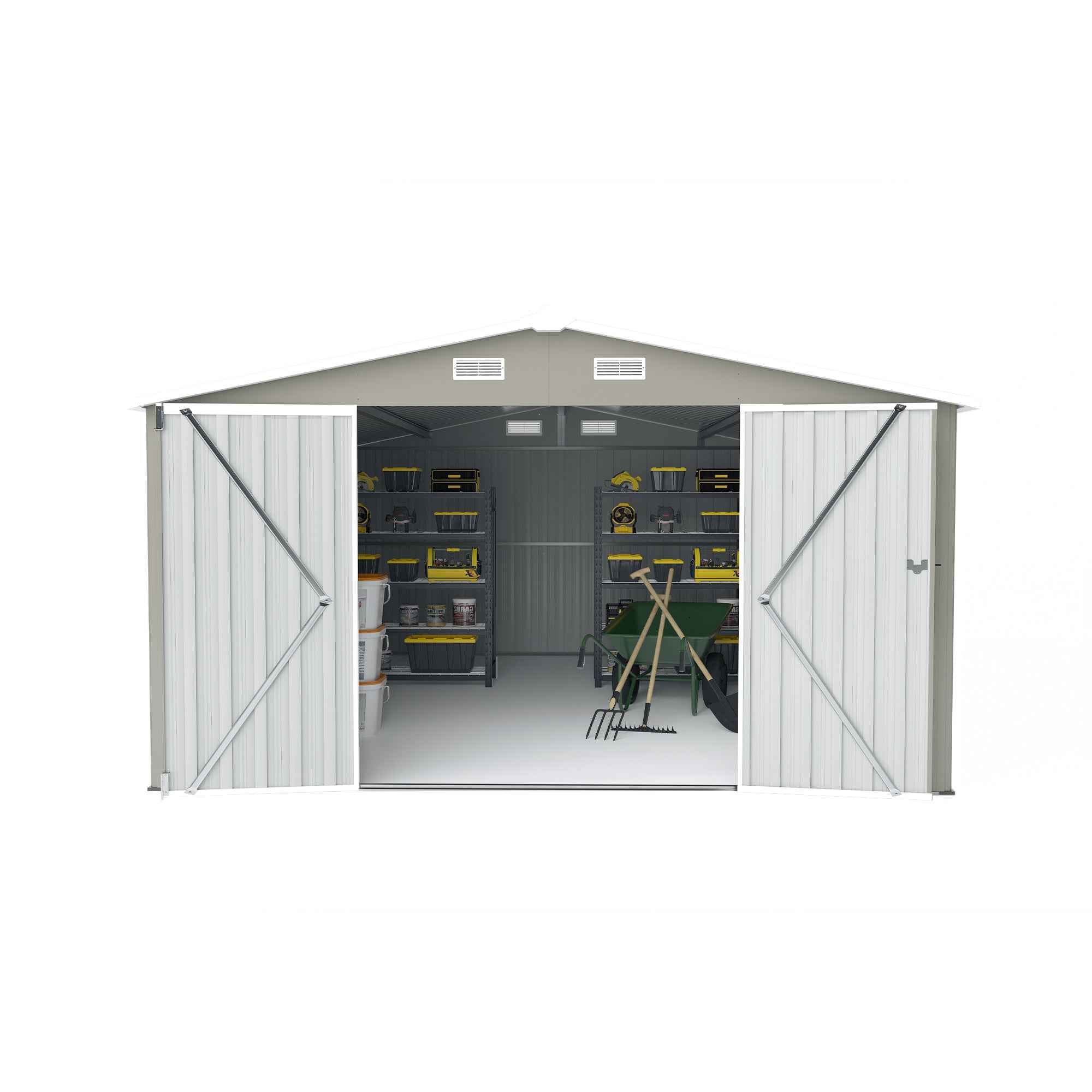 Campcraft  Outdoor Storage Shed 10×14 FT with 3 Lockable Doors,4 Air Vents & Sloped Roof,Utility Tool Shed Metal Storage Garden Sheds  Frame and 4 Vents,for Backyard,Patio,Lawn,Light Grey