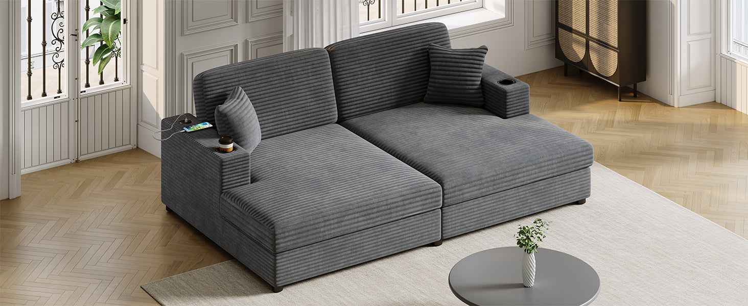 Oversized Loveseat Chaise Lounge Sectional Sofa Bed with USB Ports, Cup Holders, Throw Pillows, Dark Gray Corduroy, 86.5'