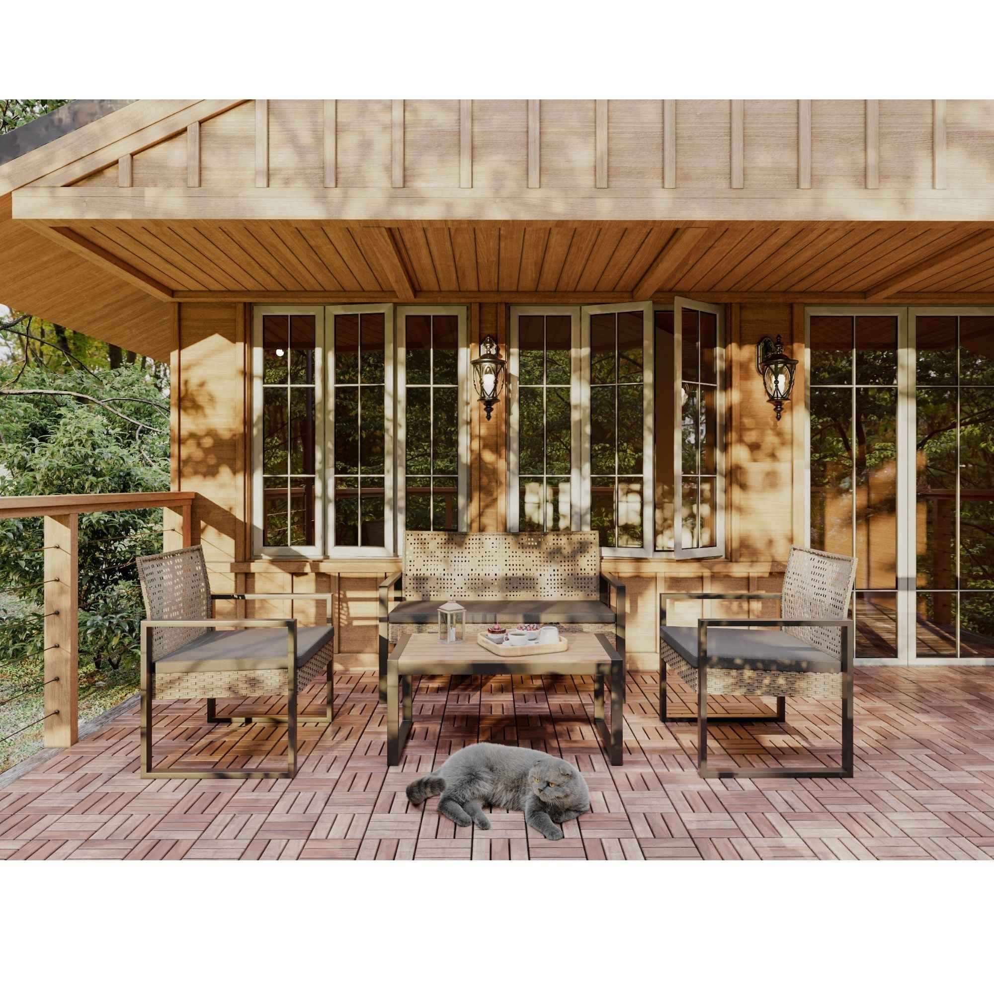 Modern Outdoor 4-Piece Patio Furniture Set with Acacia Wood Table Top, Black and Light Brown