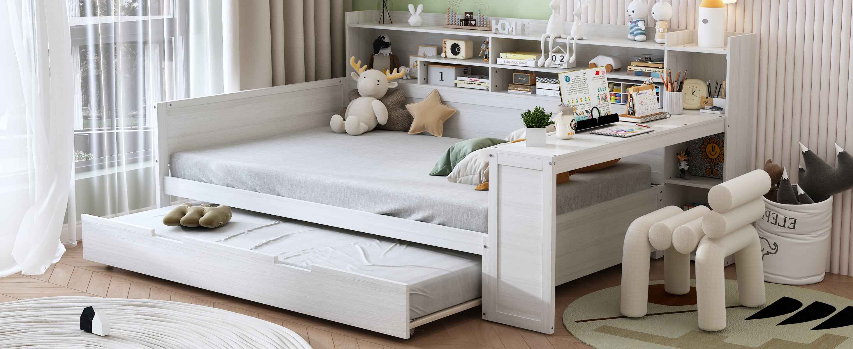 Wooden Full Size Daybed with Storage Shelves, Multi-functional Bed with Twin Size Trundle Bed and  Study Desk, Antique White