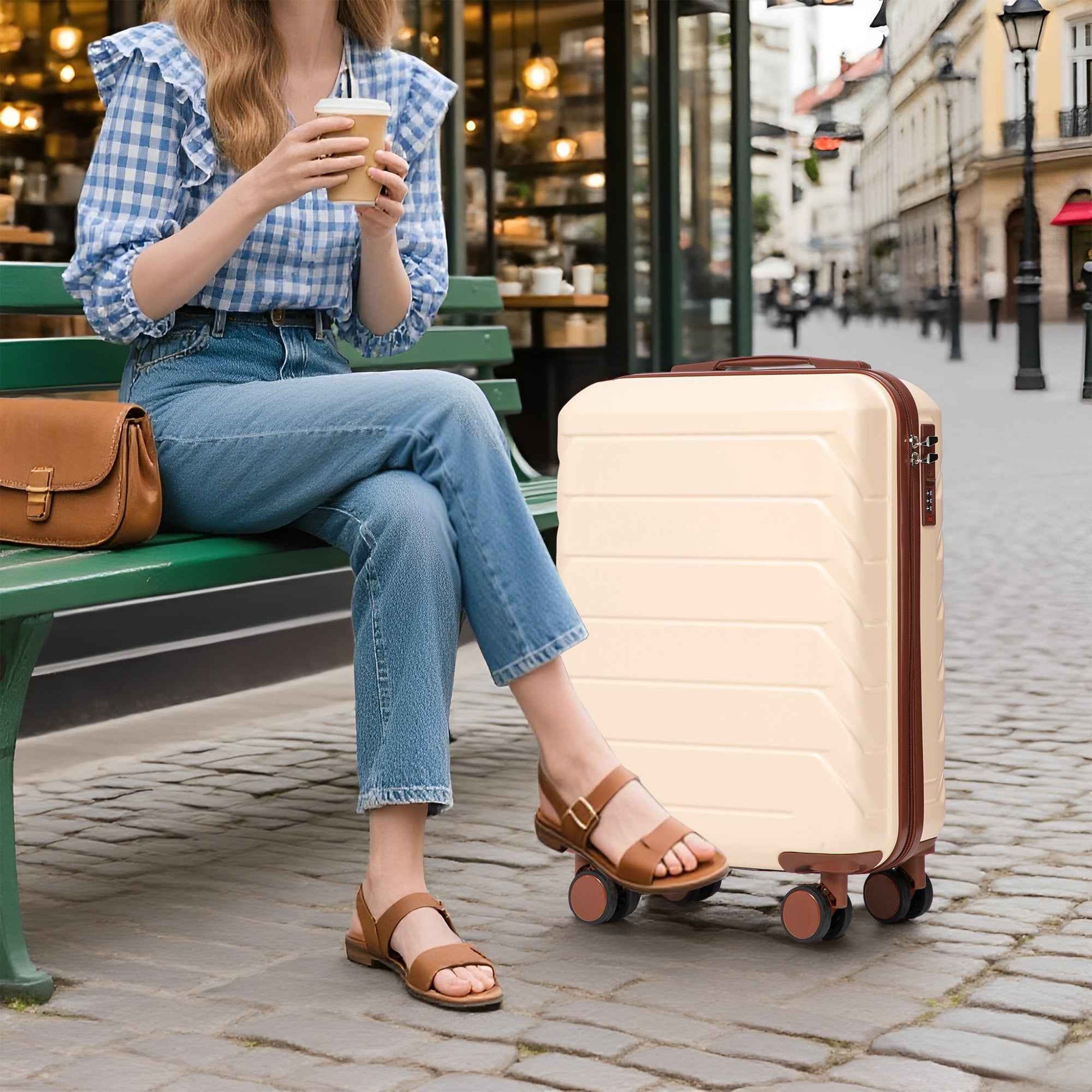 14'/20' 2 pcs/set in ABS Spinner Wheel Luggage, with Combination Lock,14' Cosmetic Case (Beige)