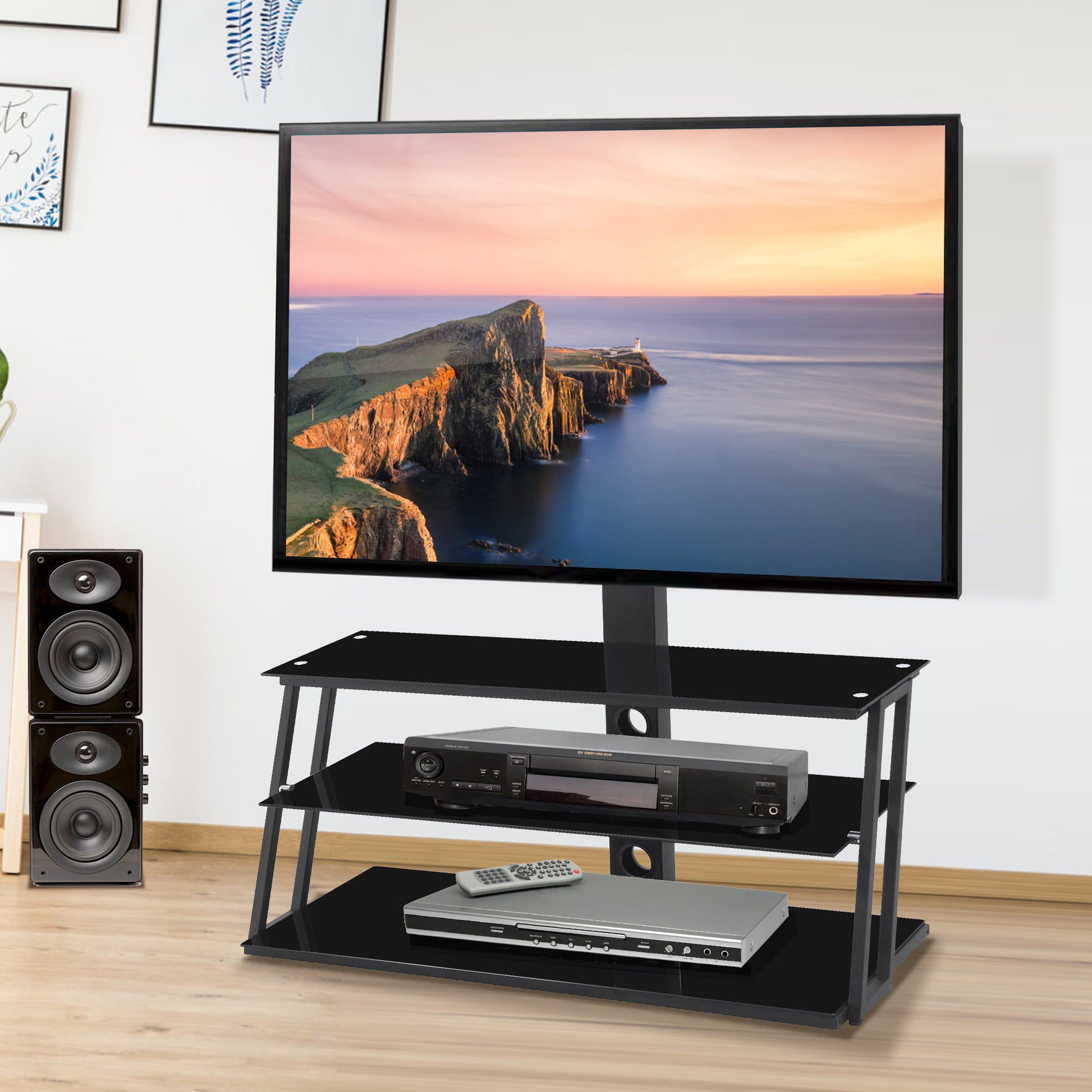 Black Multi-Function Angle And Height Adjustable Tempered Glass  TV Stand - Abrihome