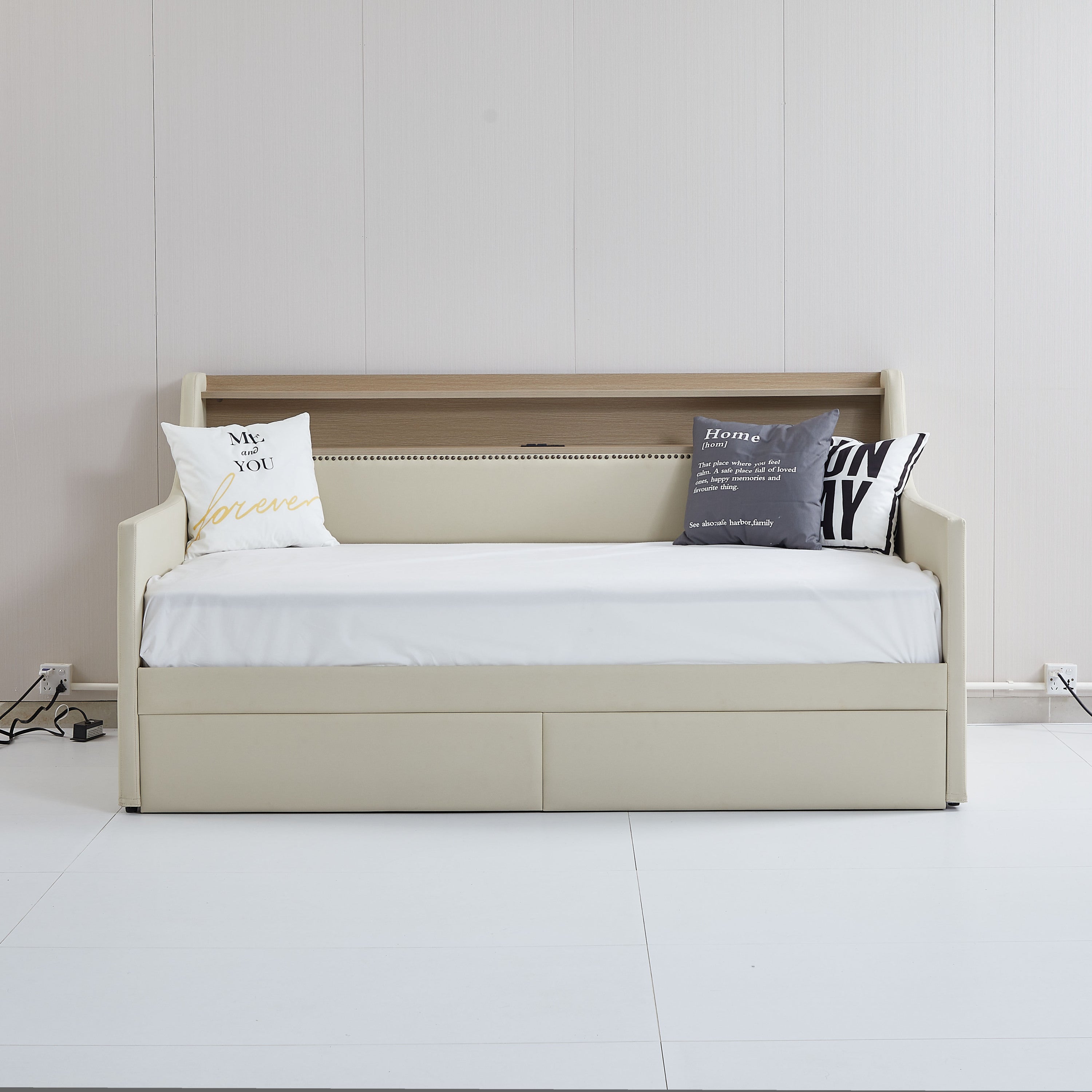 Twin Size Daybed with Storage Drawers, Upholstered Daybed with Charging Station and LED Lights, Beige (Old Item W1580S00022)