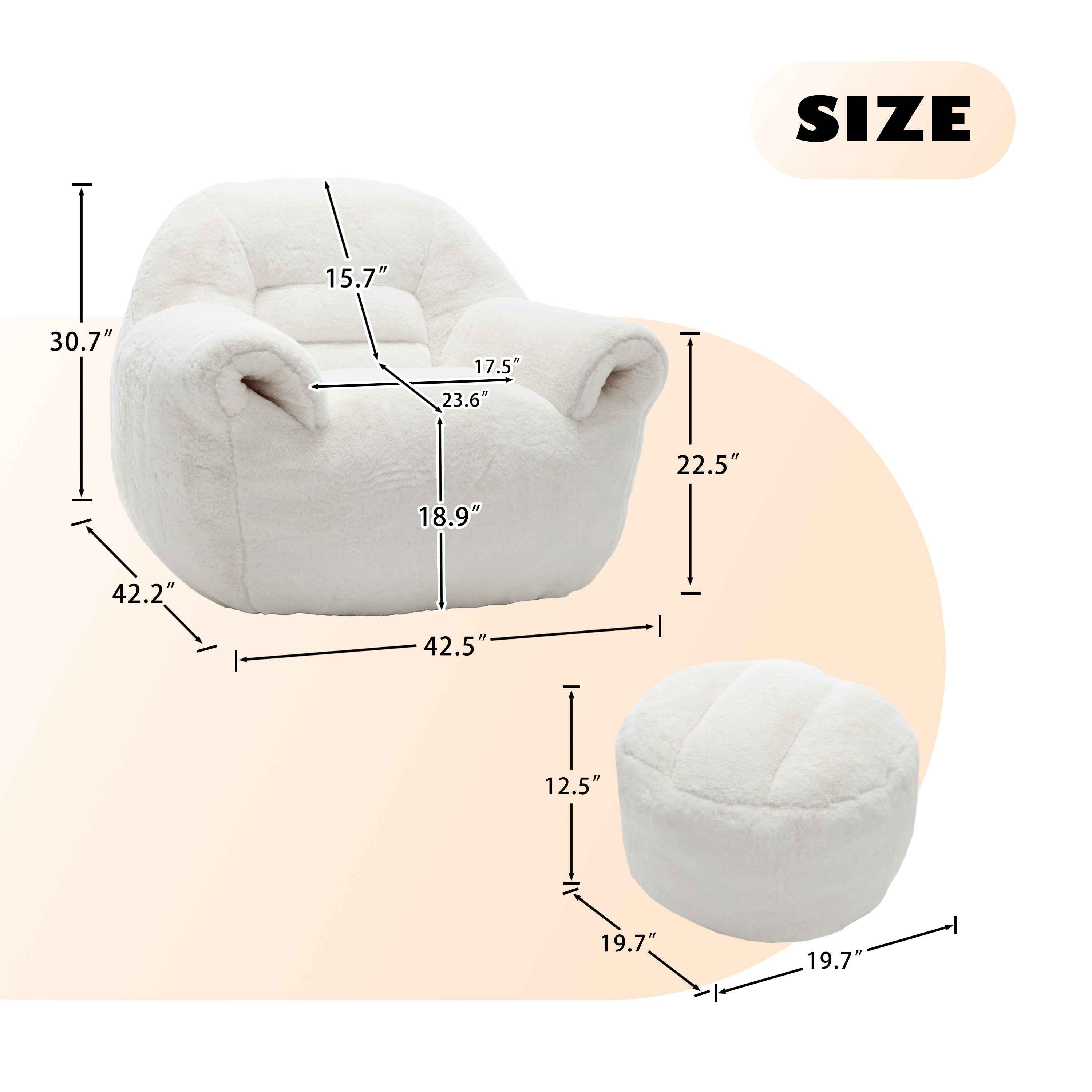 Bean Bag Chair, Comfy Bean Bag Sofa with Back Support, With Footstool,Faux Fur Bean Bag Chair for Adults and Kids, Stuffed Floor Sofa for Living Room, Bedroom, Apartment, White