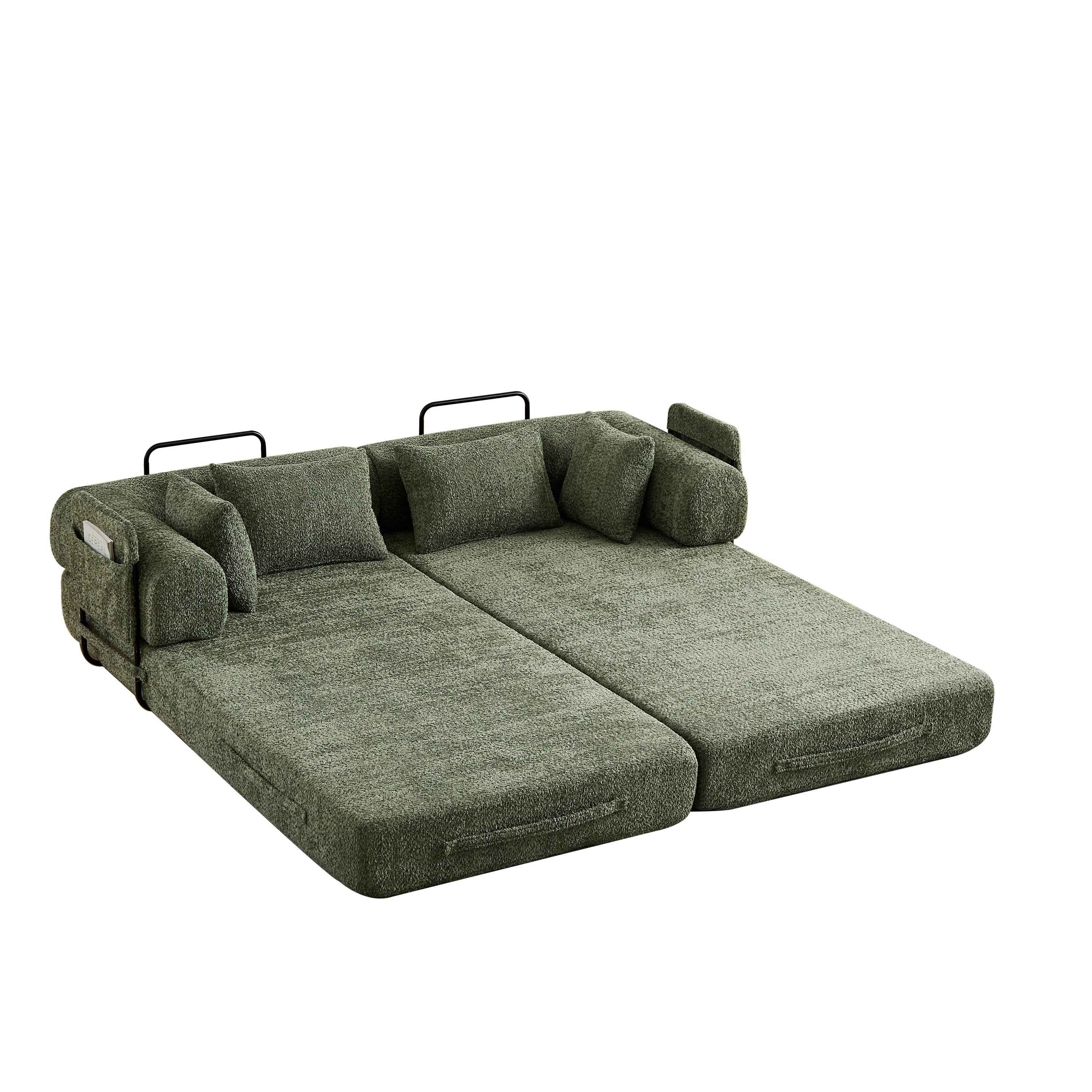 Green Chenille Convertible Sleeper Sofa Bed with Cylindrical Pillow, Folding Mattress Couch with Side Pocket for Living Room Bedroom Lounge Studio