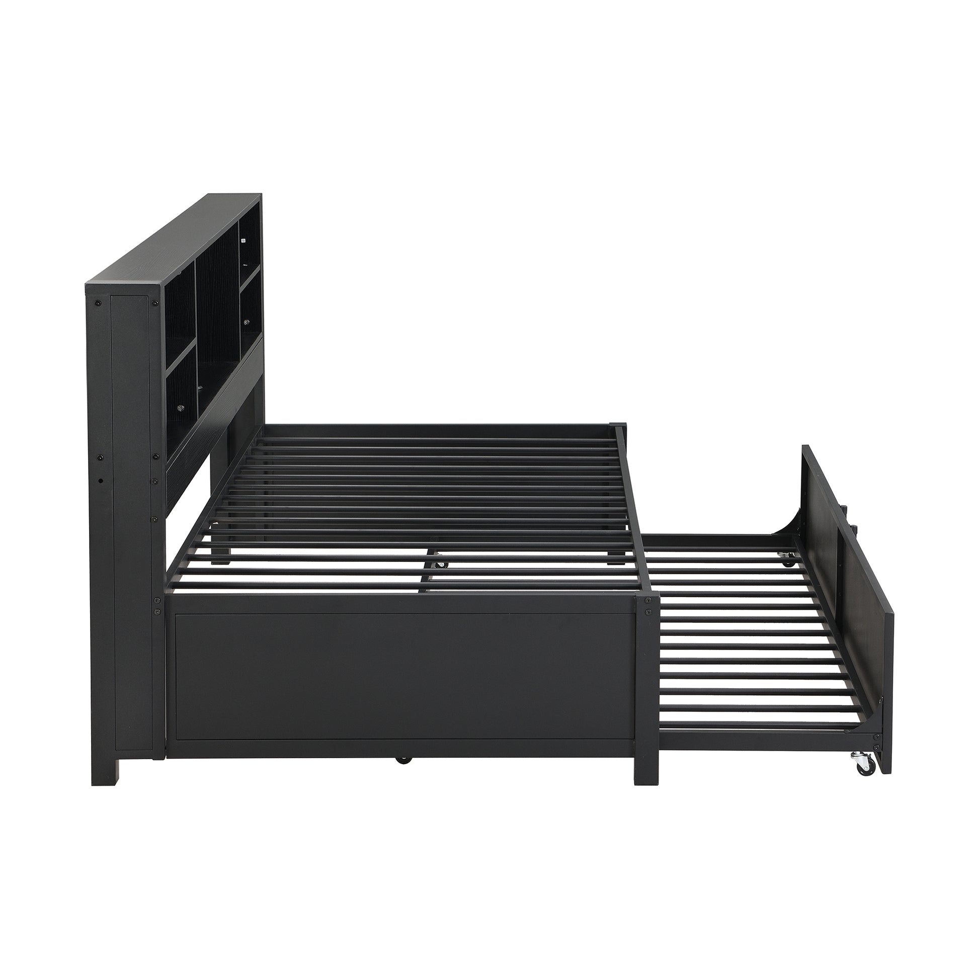 Metal Twin Size Daybed with Twin Size Trundle, Storage Shelves and USB Ports, Black - Abrihome