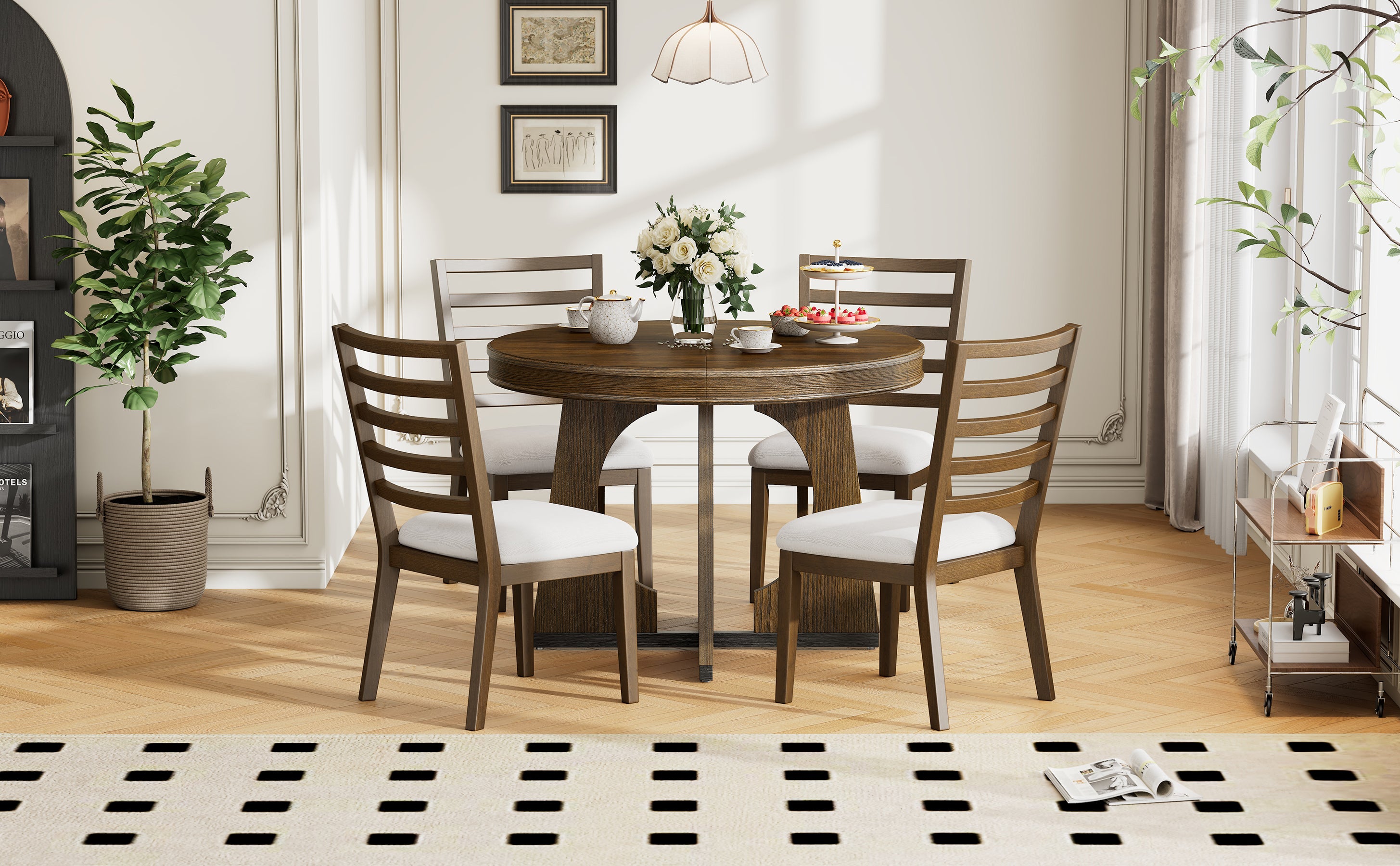 TREXM 5-Piece Retro Rustic Functional Dining Set Unique Geometric Design, 1 Extendable Table with a 16-inch Leaf and 4 Upholstered Chairs Ideal for Dining Room and Kitchen (Walnut)