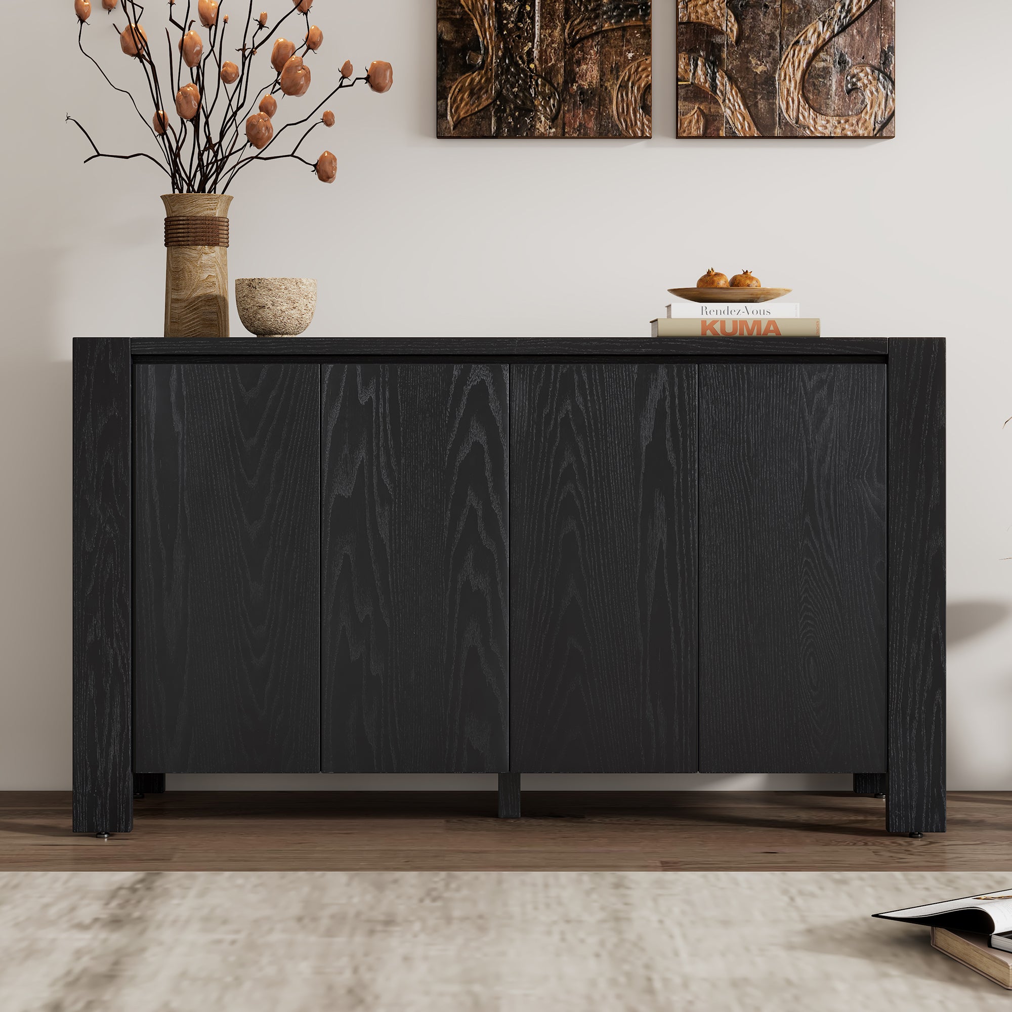 TREXM Retro 4-door Sideboard with Distressed Finish and Adjustable Shelves for Dining Room, Kitchen, and Living Room (Black)