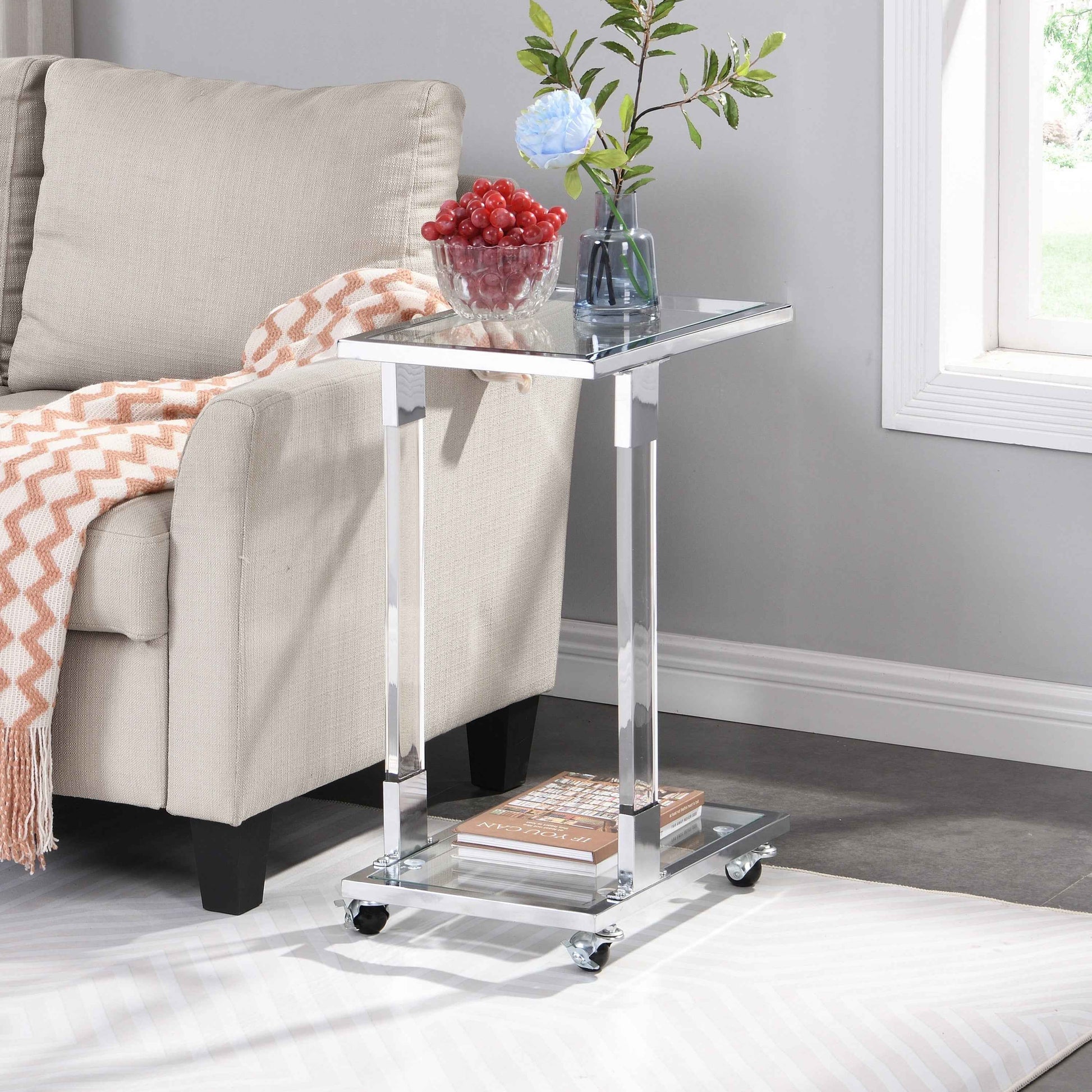 Modern Chrome Glass Side Table with Acrylic and Metal Base for Living Spaces